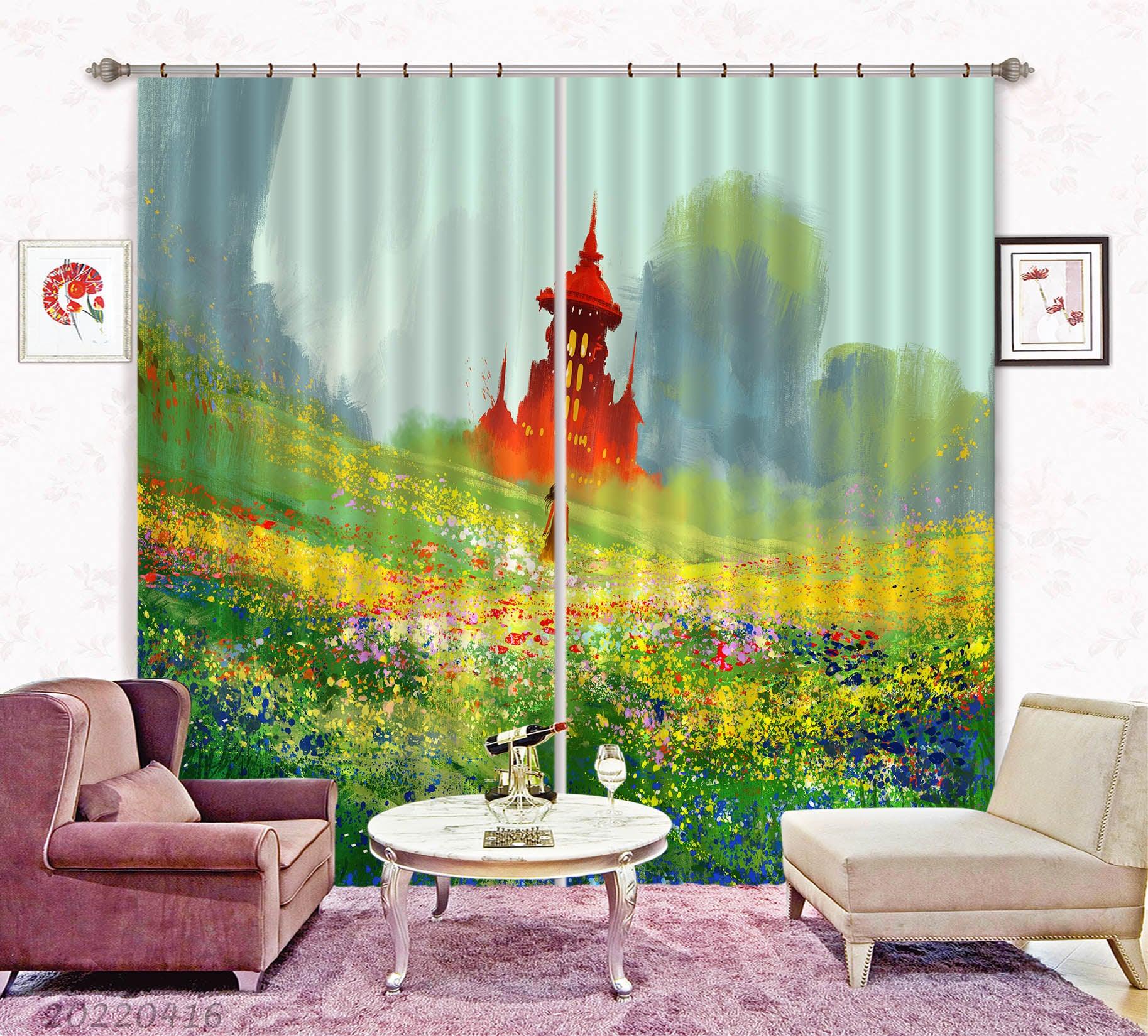 3D Woman Flower Field Red Castle Painting Curtains and Drapes GD 4603- Jess Art Decoration