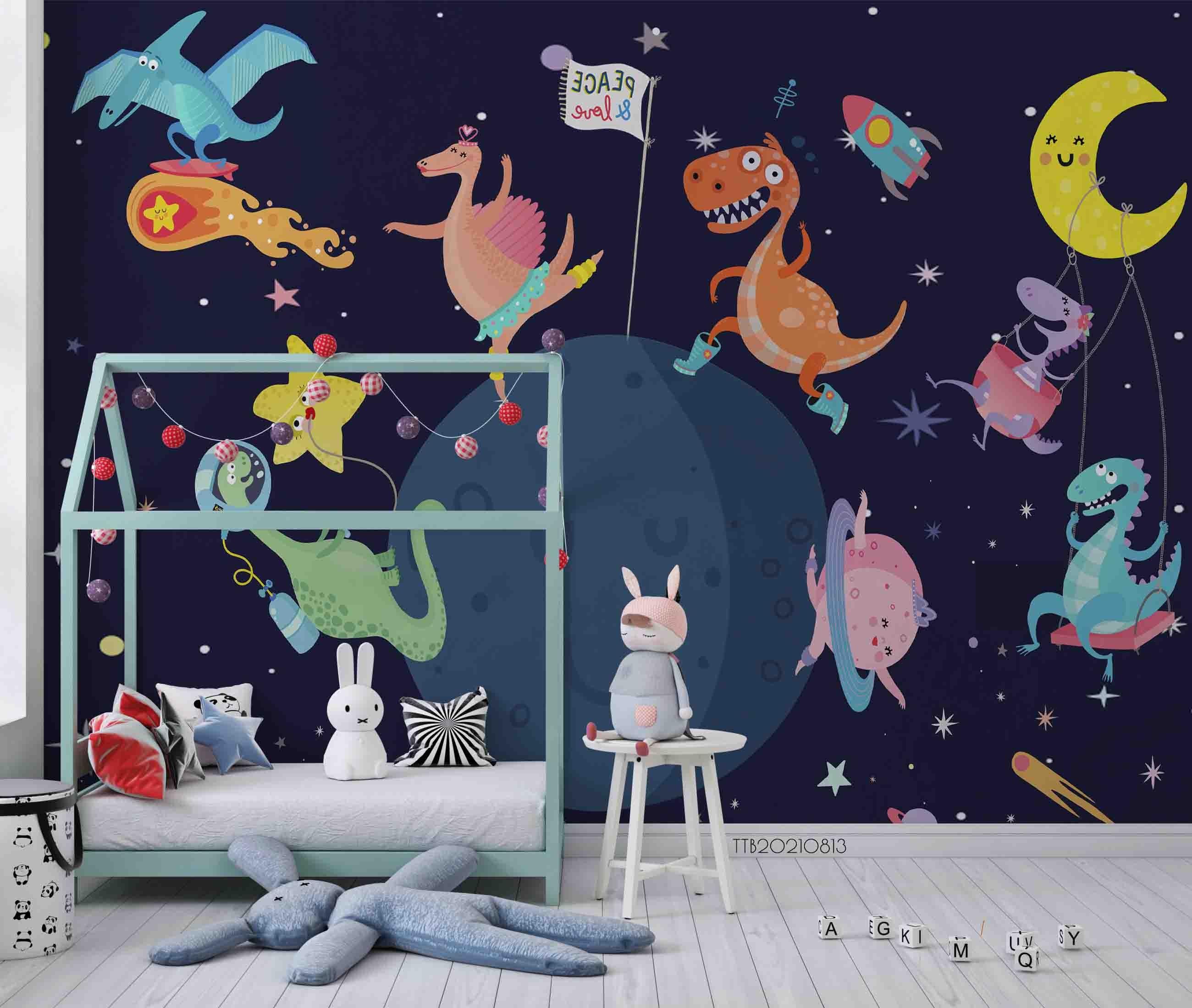 3D Hand-painted Cartoon Dinosaur Space Wall Mural WallpaperSWW5109- Jess Art Decoration