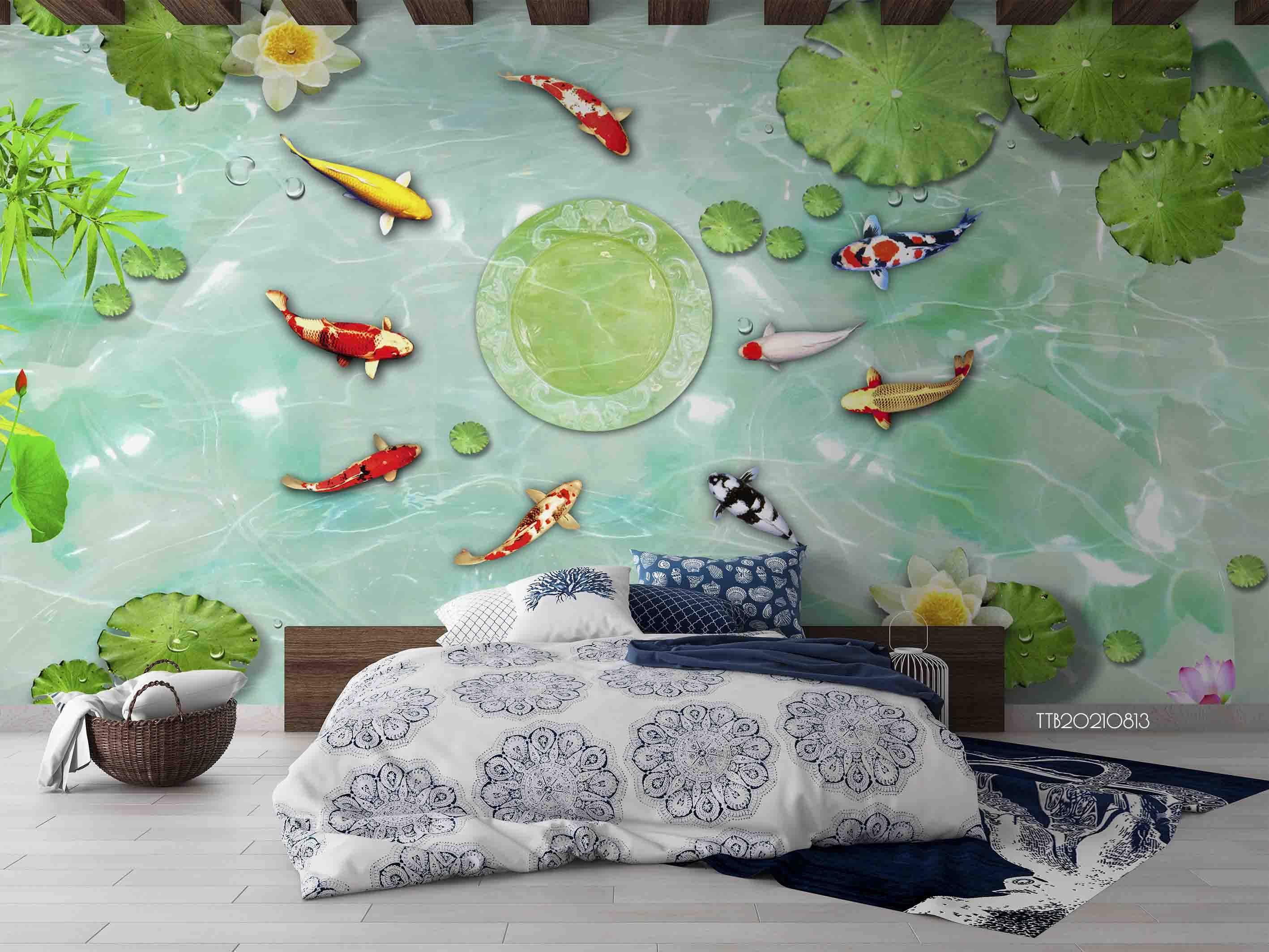 3D Pond Lotus Goldfish Wall Mural WallpaperSWW5145- Jess Art Decoration