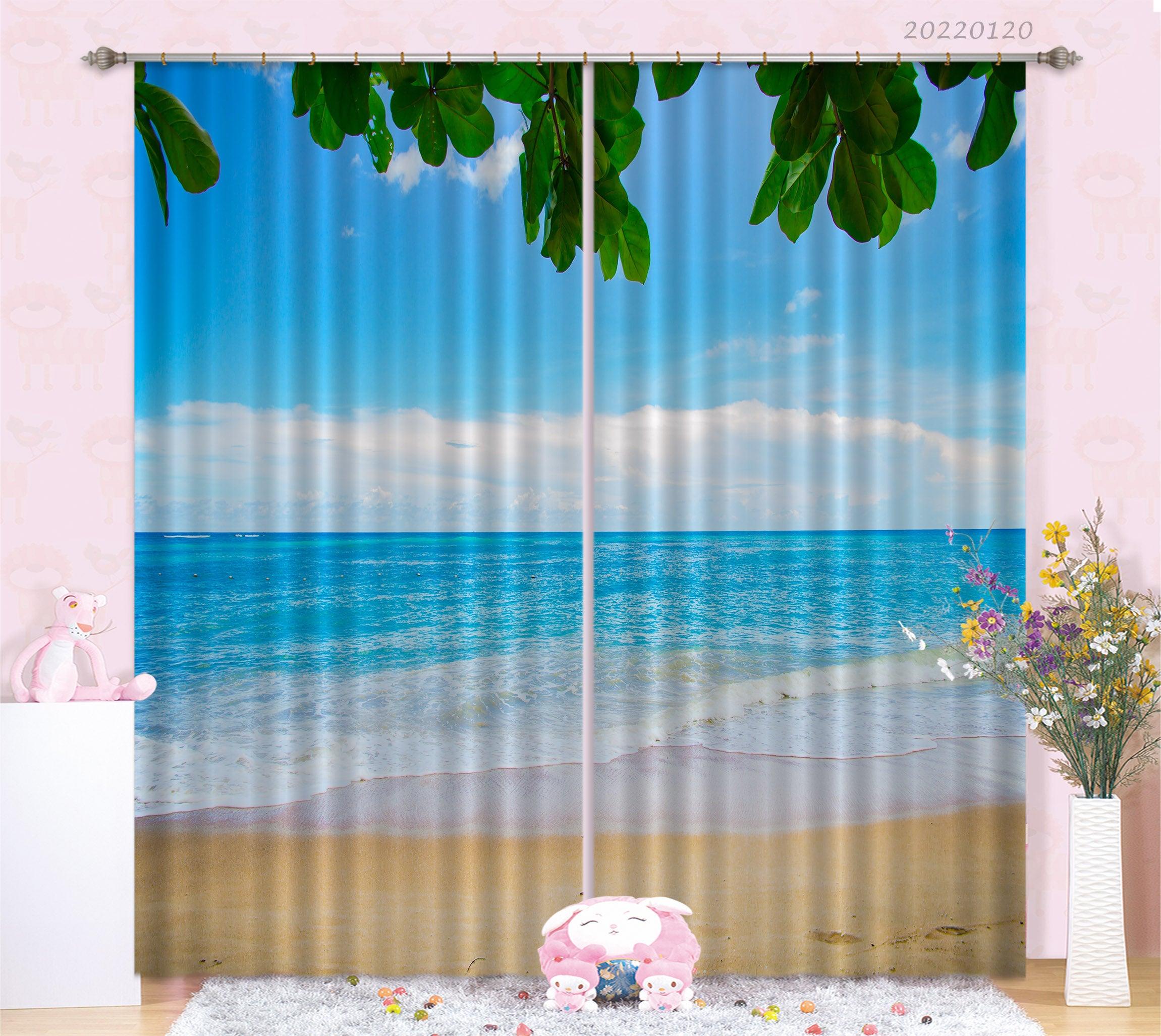 3D Blue Sea Beach Green Leaf Curtains and Drapes GD 1649- Jess Art Decoration
