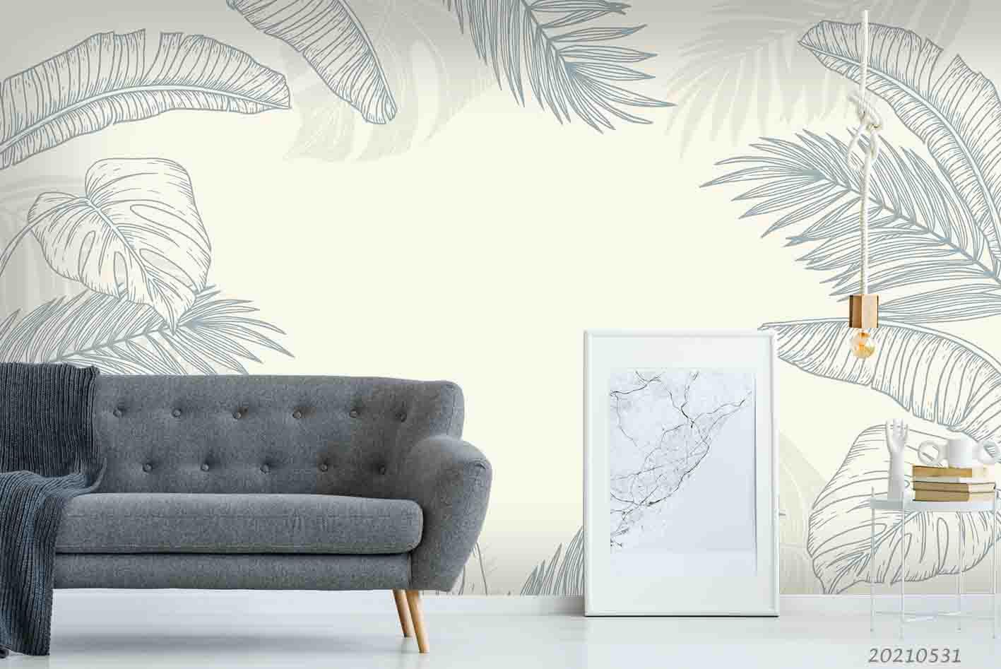 3D Hand  Draw Palm Leaf Linear Wall Mural Wallpaper SWW746- Jess Art Decoration