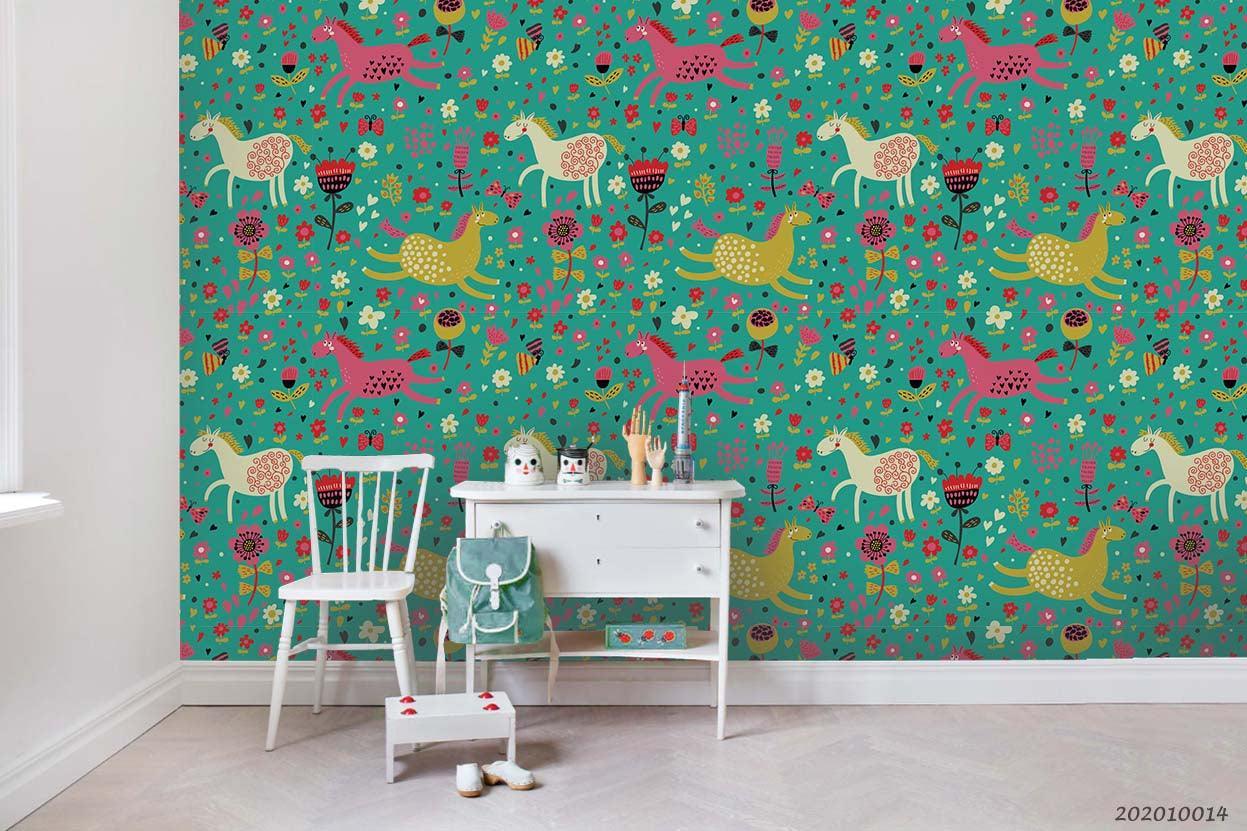 3D Cartoon Cute Animal Floral Horse Pattern Wall Mural Wallpaper WJ 5015- Jess Art Decoration