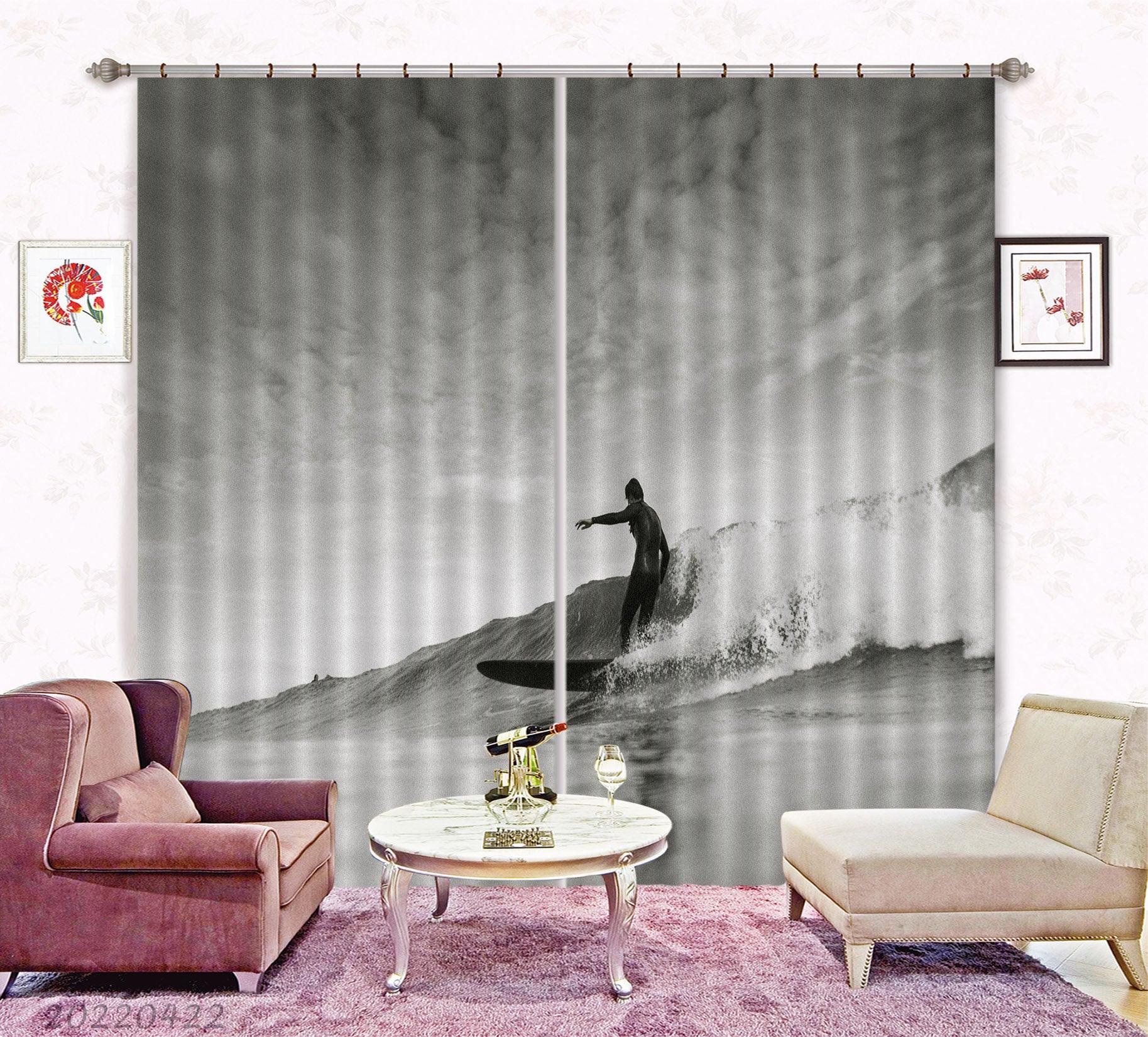3D Huge Wave Man Surfing Black White Curtains and Drapes GD 4228- Jess Art Decoration