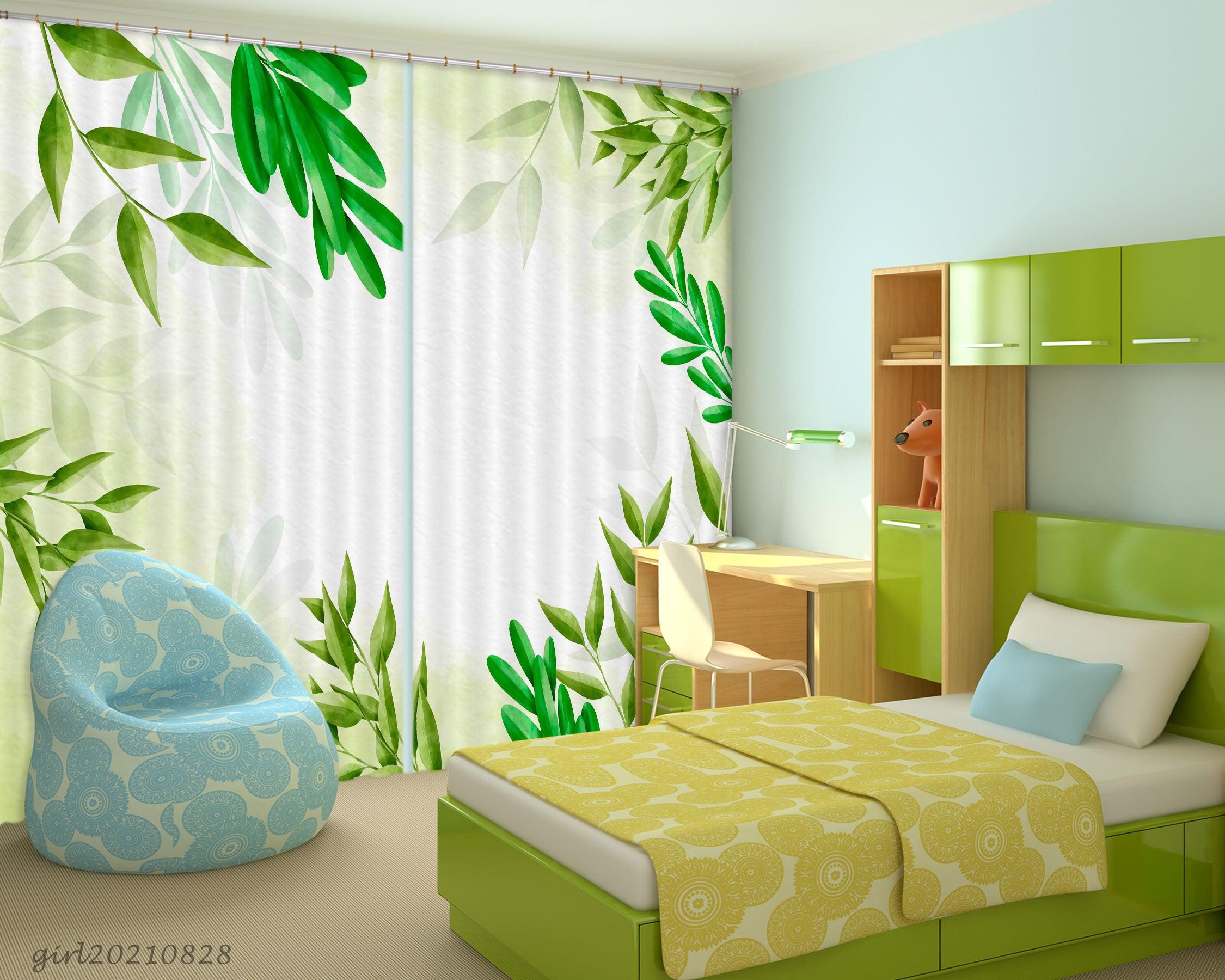 3D Watercolor Green Leaf Curtains and Drapes LQH 28- Jess Art Decoration