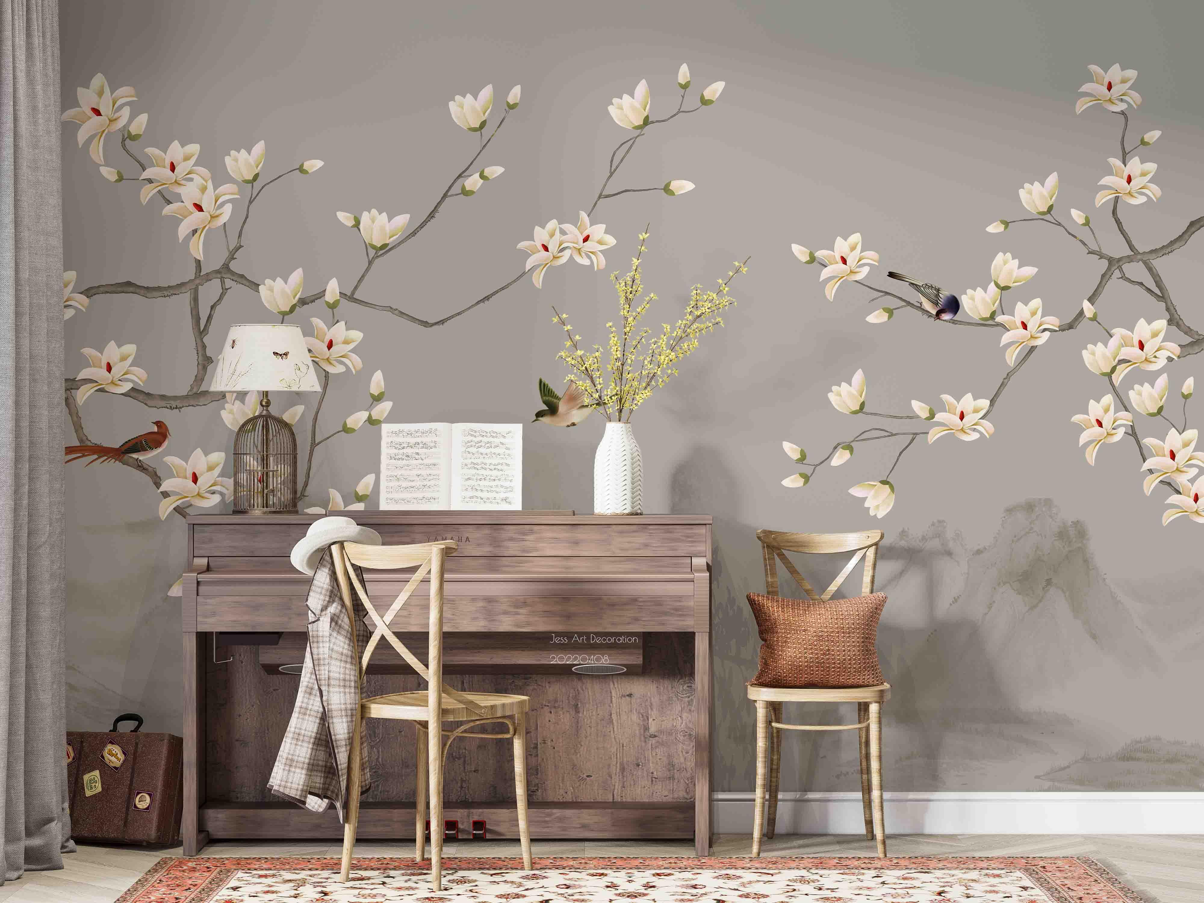 3D Magnolia Flower Bird Branch Wall Mural Wallpaper GD 3869- Jess Art Decoration