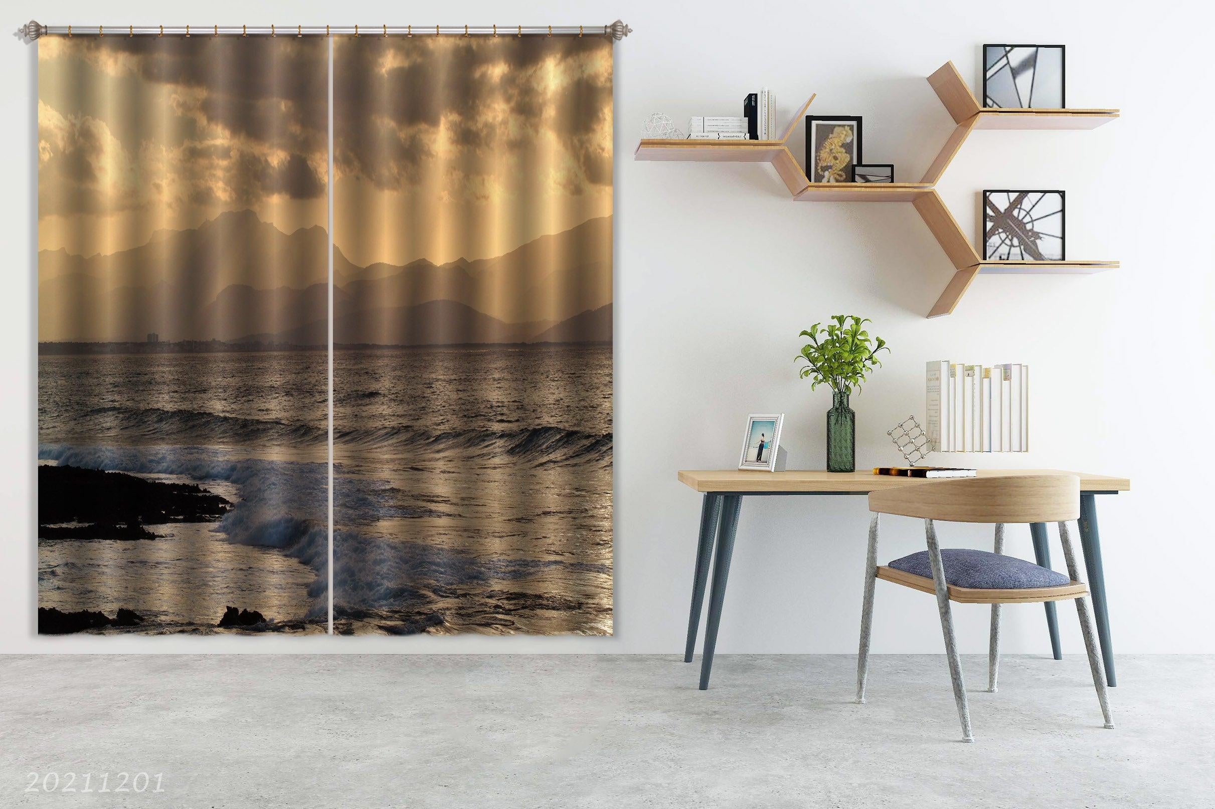 3D Ocean Wave Sky Mountain Landscape Grey Curtains and Drapes LLL 287- Jess Art Decoration