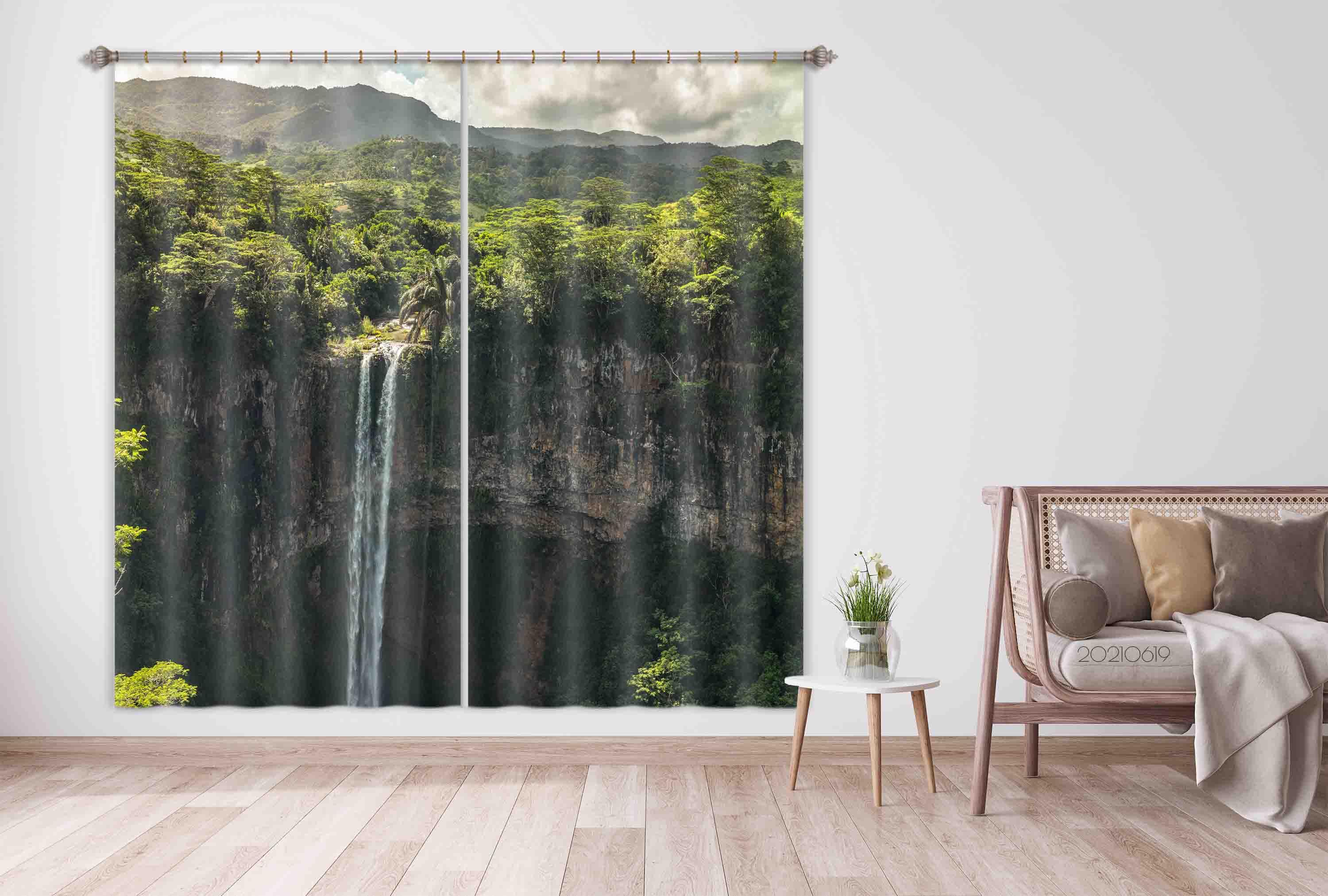 3D Mountain Stream Waterfall Jungle Green Landscape Nature Curtains and Drapes LLL 583- Jess Art Decoration