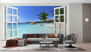 3D Window Sea View Beach Coconut Ttrees Wall Mural Wallpaper 5134- Jess Art Decoration