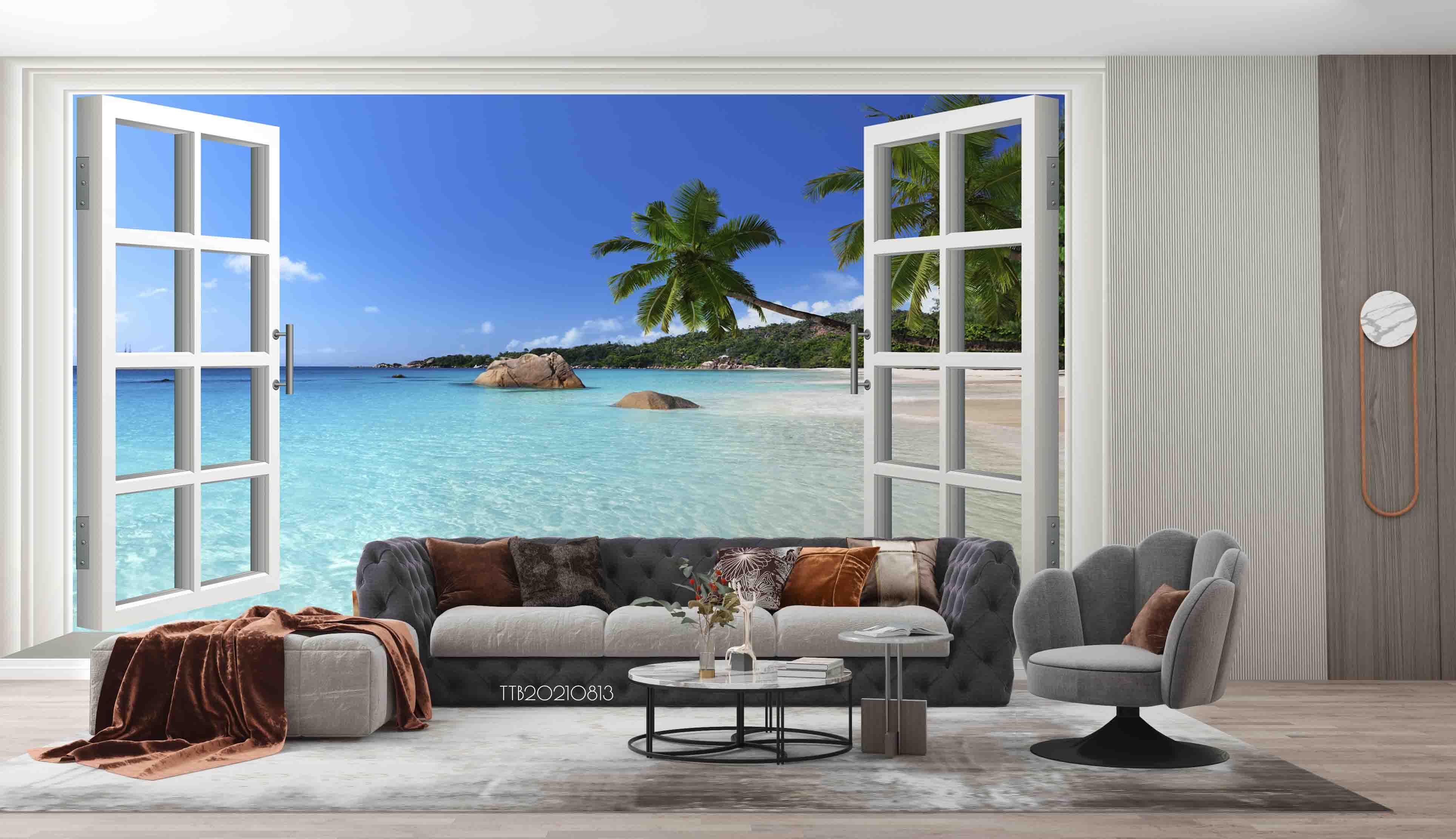 3D Window Sea View Beach Coconut Ttrees Wall Mural Wallpaper 5134- Jess Art Decoration