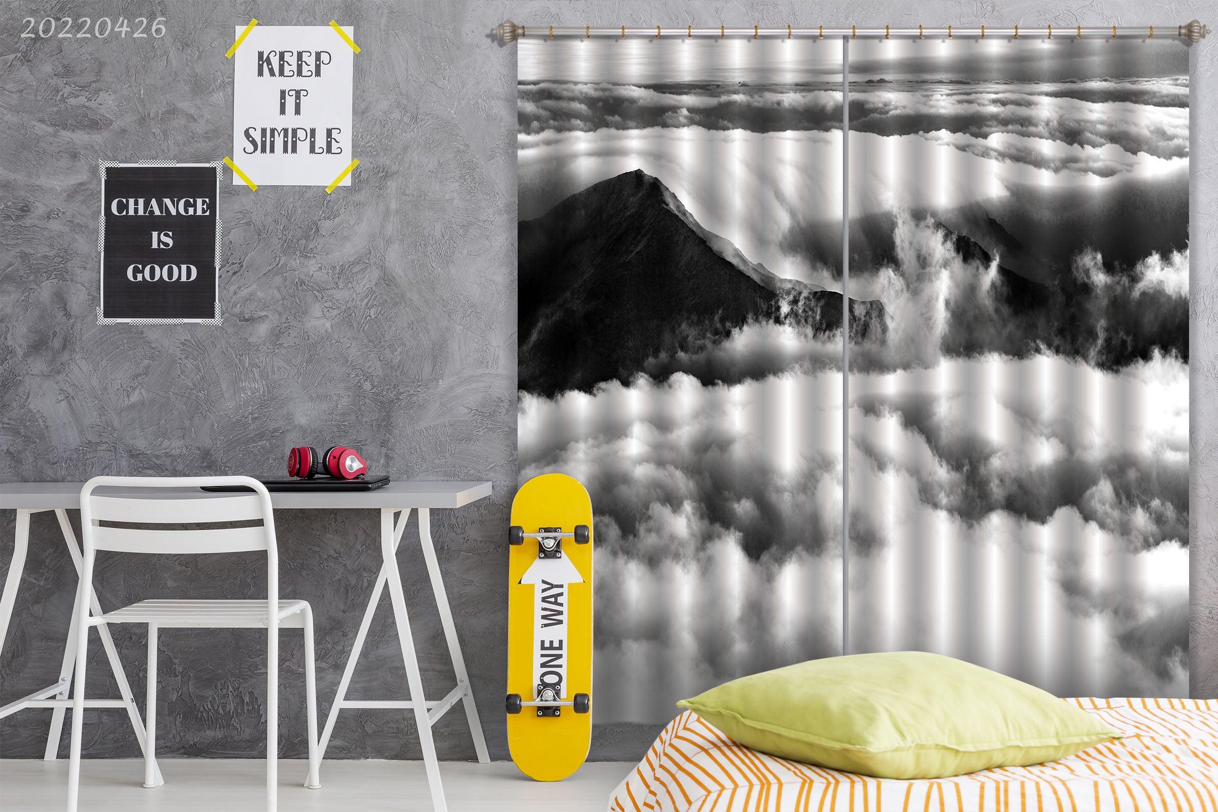 3D Landscape Mountain Peak Cloud Fog Black White Curtains and Drapes GD 4736- Jess Art Decoration