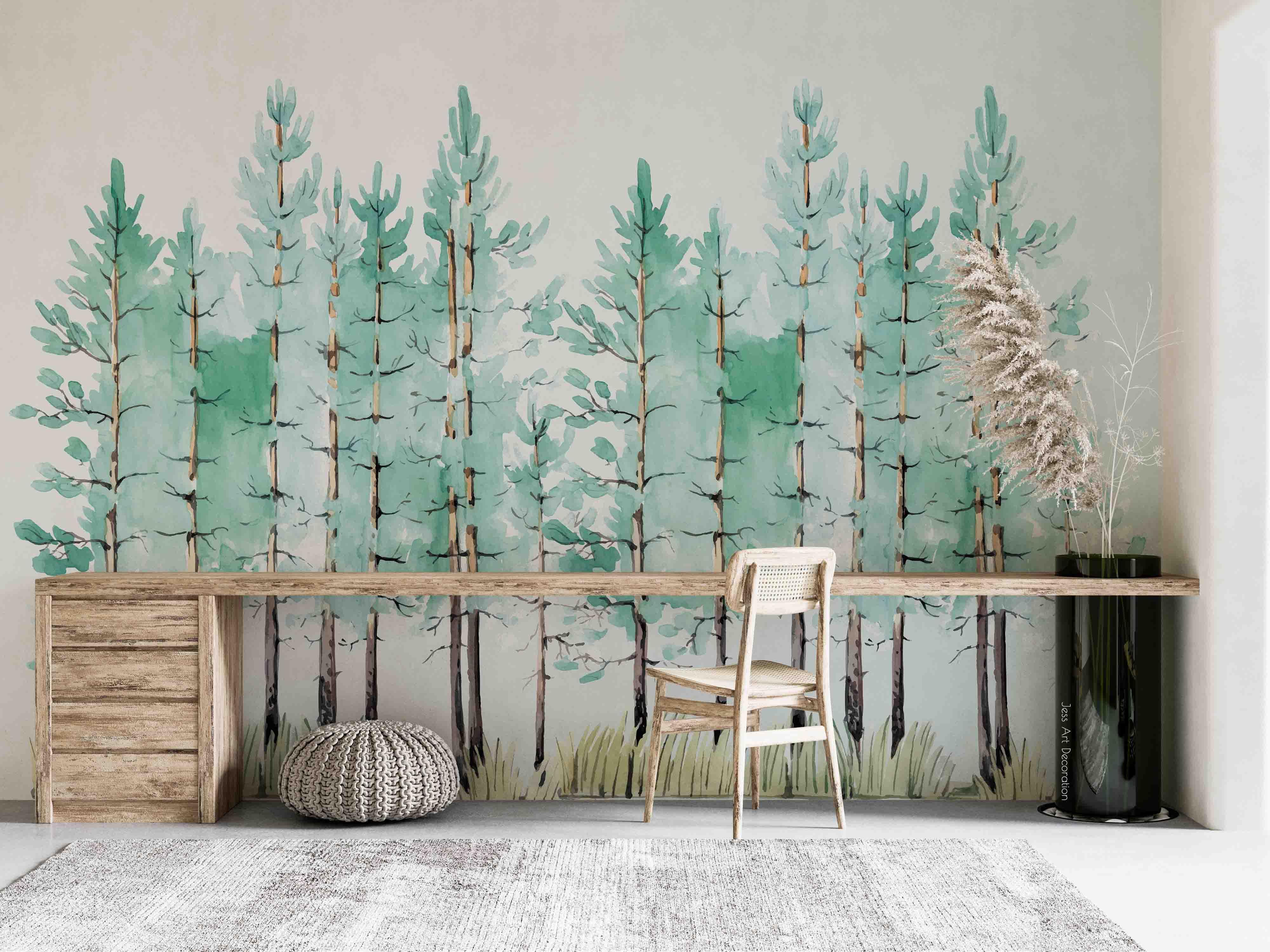 3D Hand Draw Pine Forest Wall Mural Wallpaper sww 283- Jess Art Decoration
