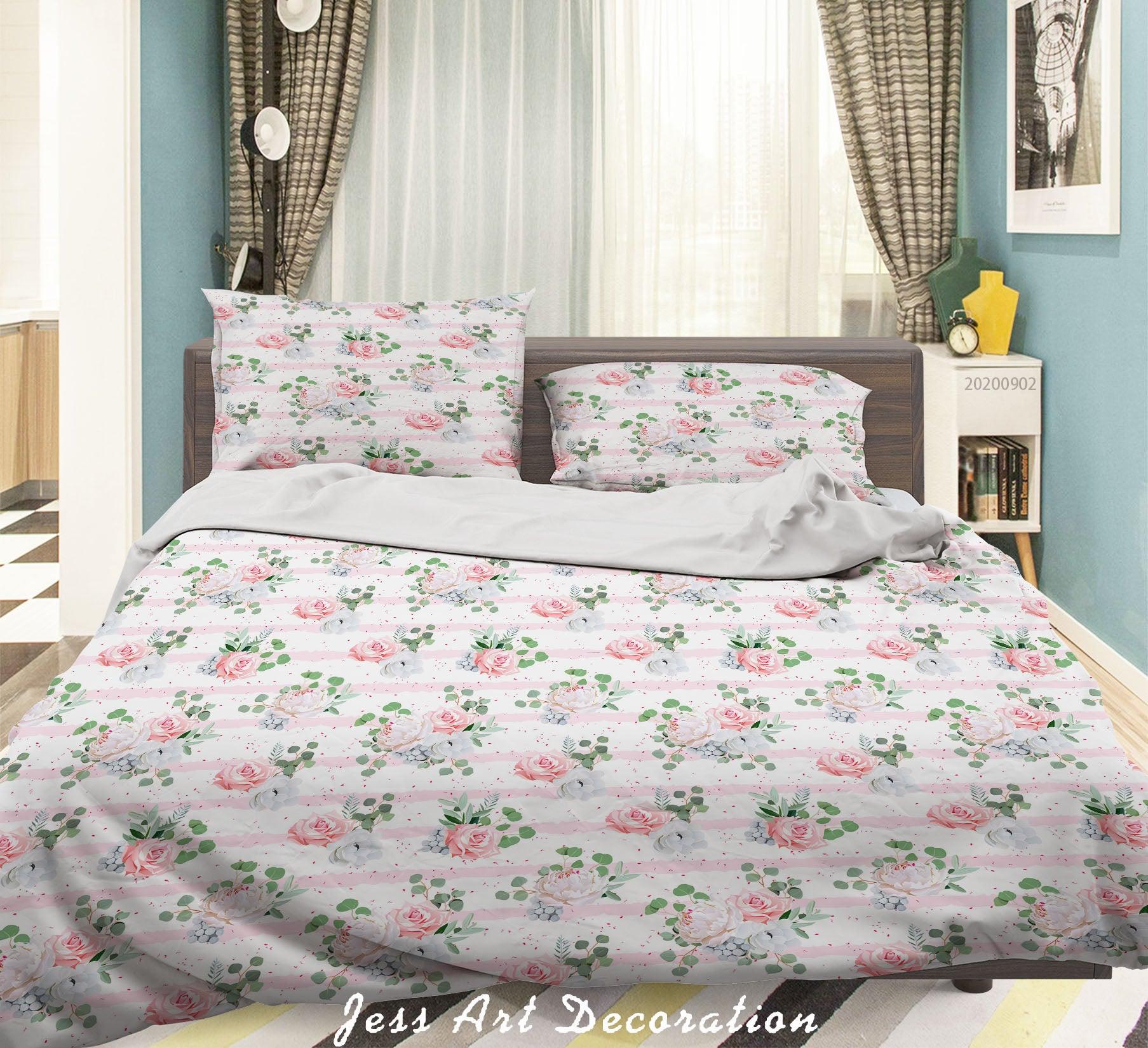 3D Pink Rose FLowers Leaves Pattern Quilt Cover Set Bedding Set Duvet Cover Pillowcases WJ 1445- Jess Art Decoration