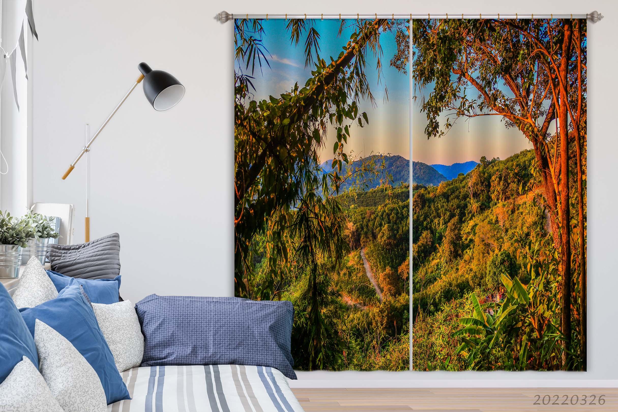 3D Yellow Sunbeam Beautiful Mountain Trees Curtains and Drapes GD 2878- Jess Art Decoration