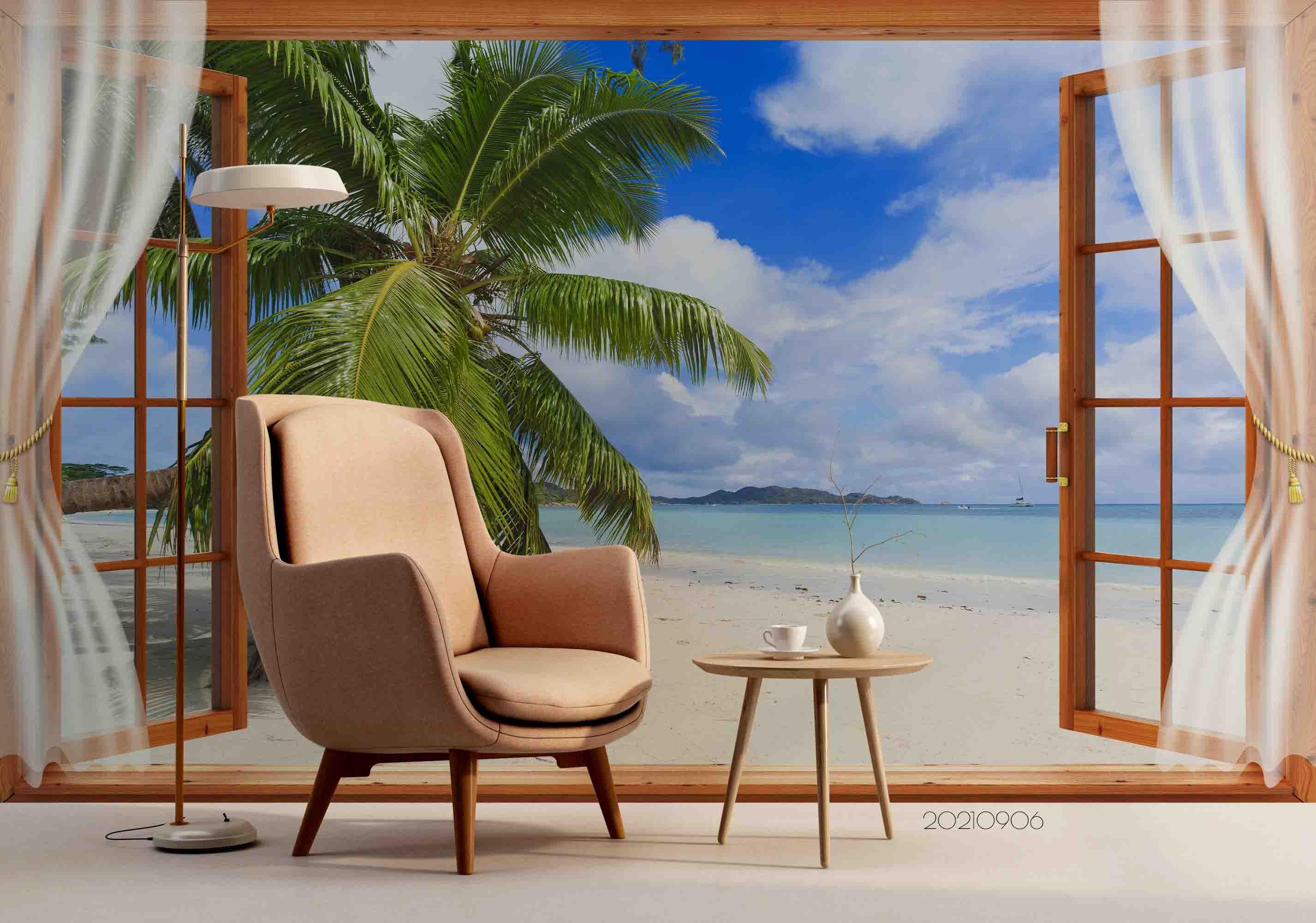3D Sky Cloud Beach Coconut Tree Wall Mural Wallpaper LQH 572- Jess Art Decoration