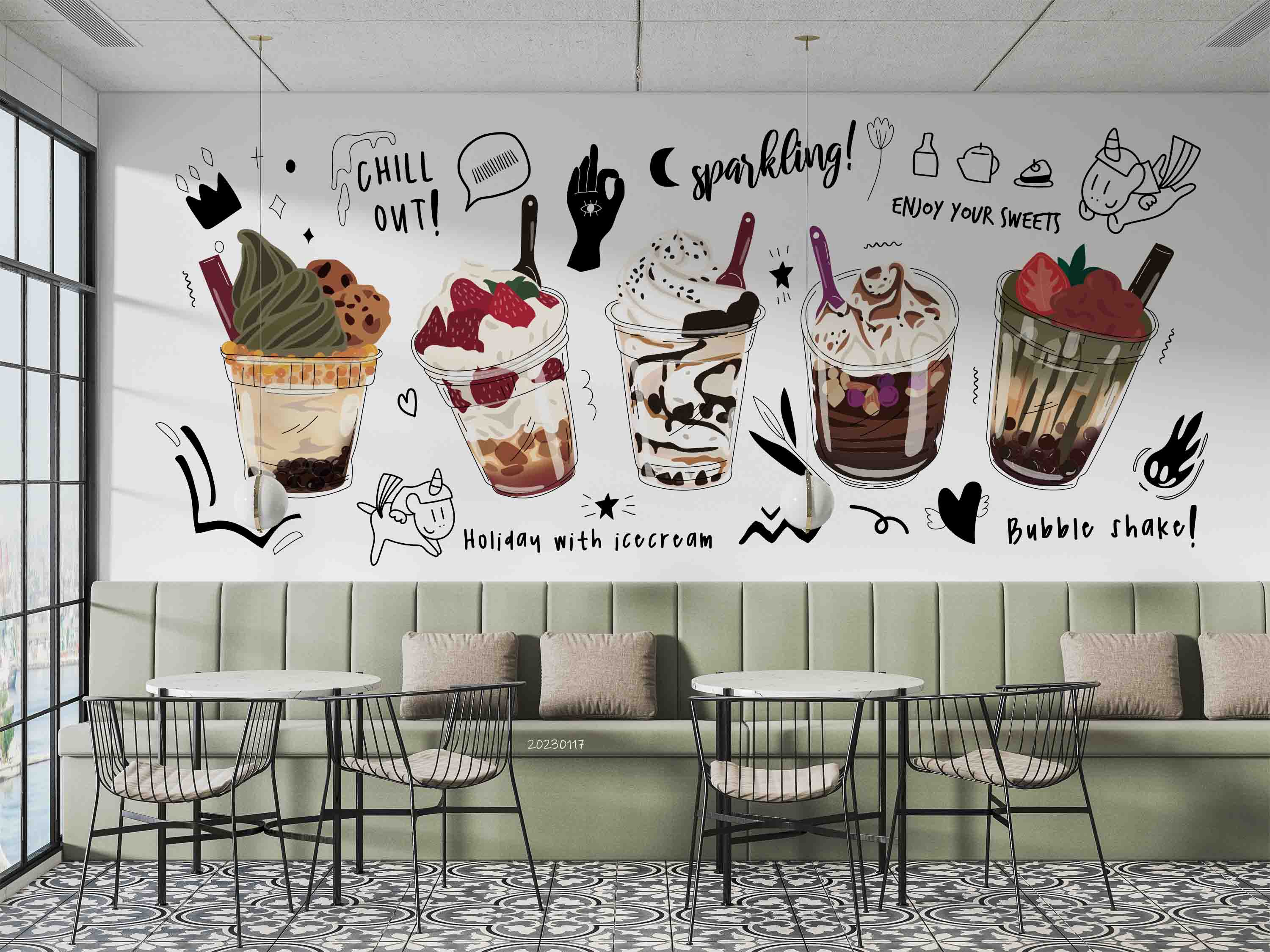 3D Cartoon Ice Cream Bubble Tea Pearl Tea Milk Tea Shop Wall Mural Wallpaper JN 34- Jess Art Decoration