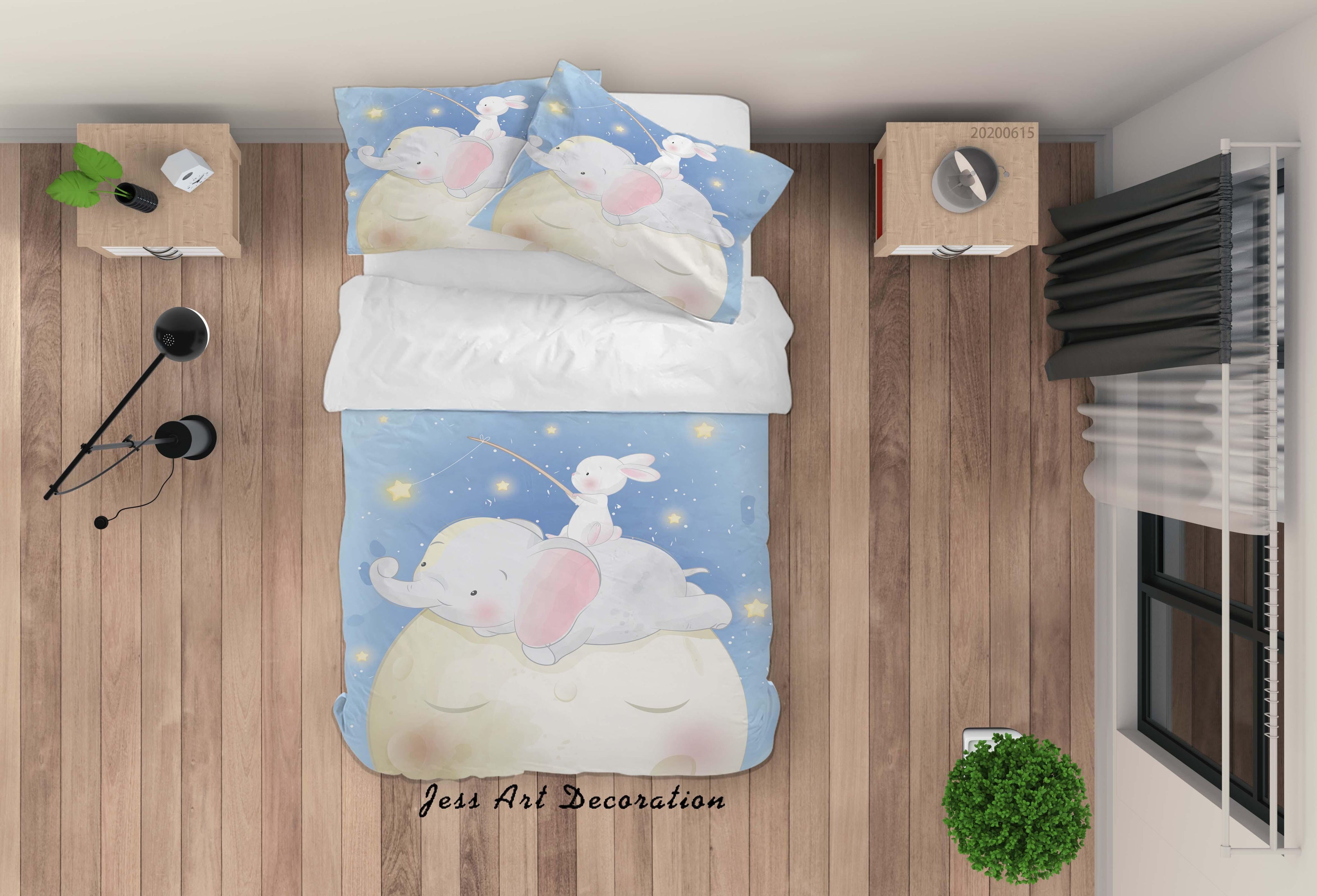 3D  Blue Cartoon Elephant Rabbit Star Quilt Cover Set Bedding Set Duvet Cover Pillowcases SF27- Jess Art Decoration