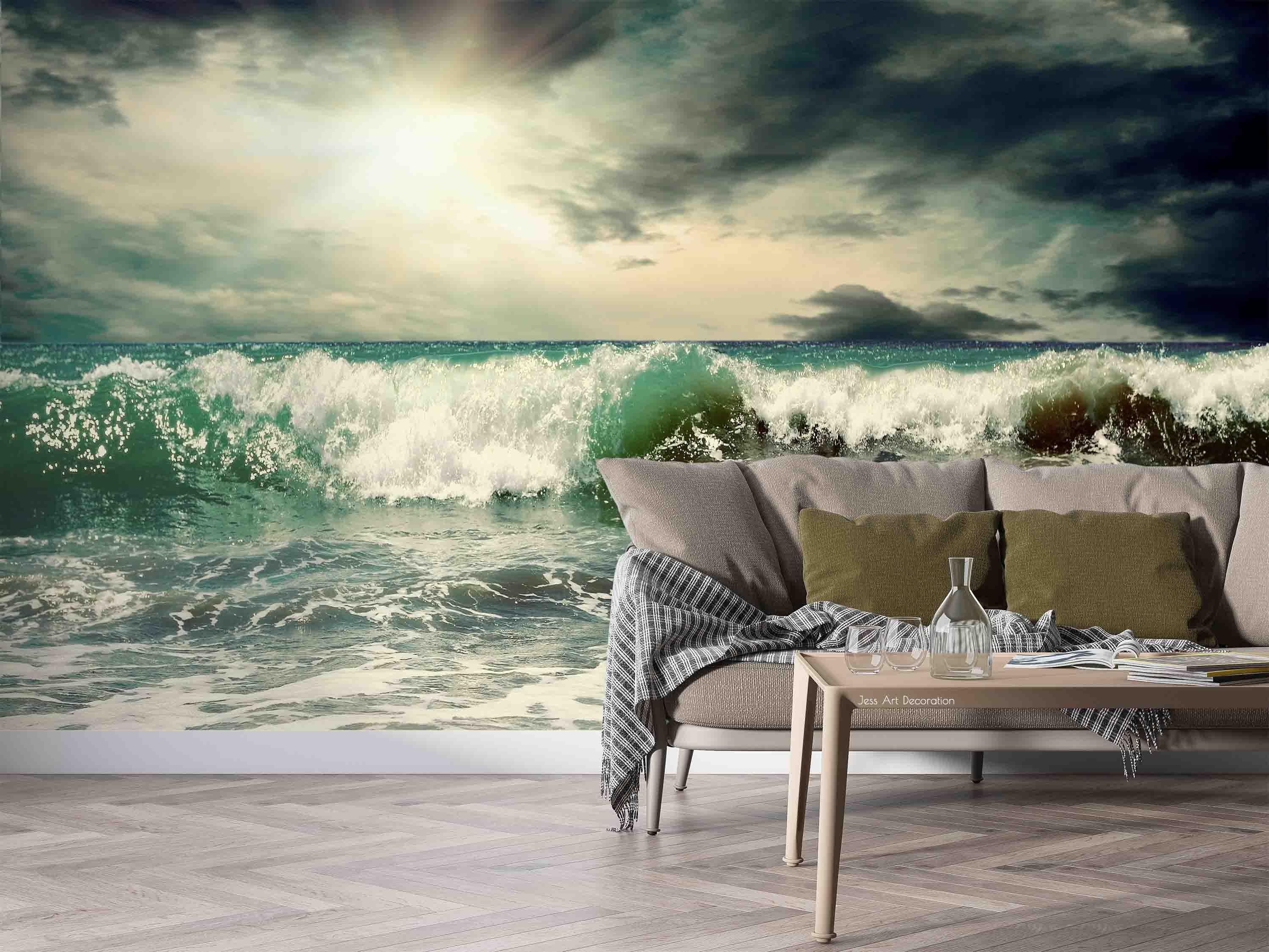 3D Green Sea Waves Dark Clouds Wall Mural Wallpaper GD 2362- Jess Art Decoration