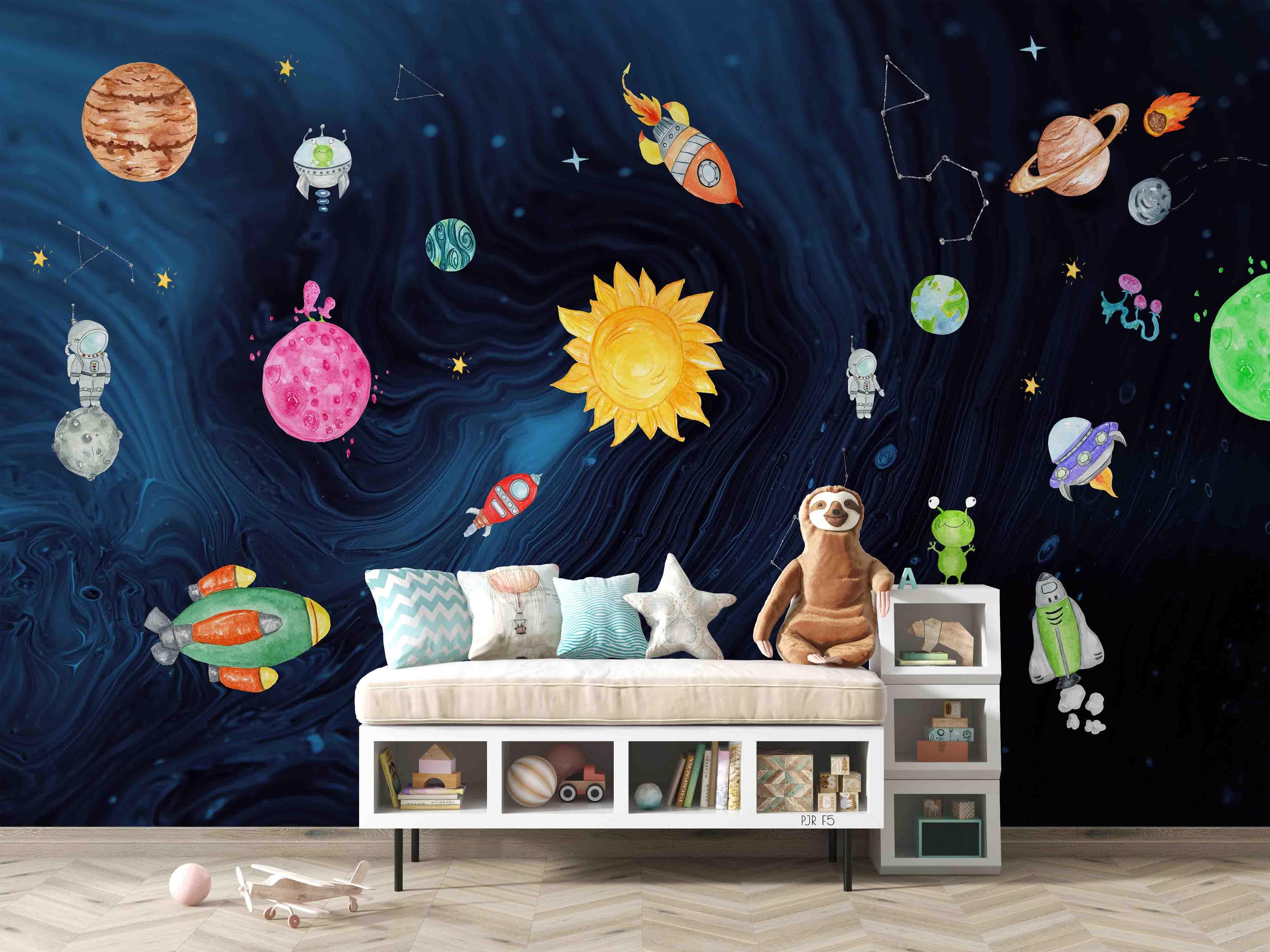 3D Space Planet Playroom cartoon space planet mural wall mural wallpaper for playroom