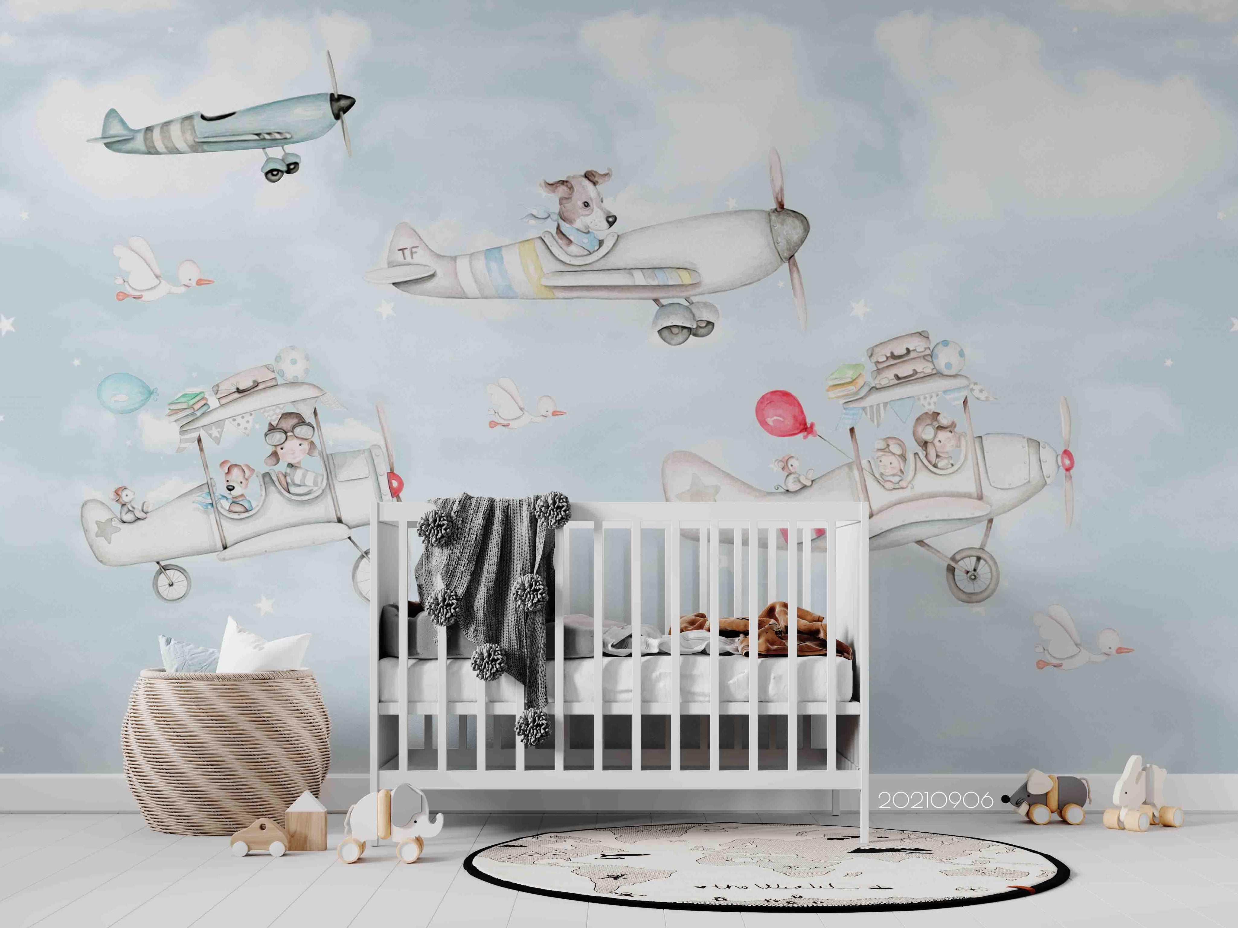 3D Cartoon Sky Cloud Airplane Wall Mural Wallpaper LQH 583- Jess Art Decoration