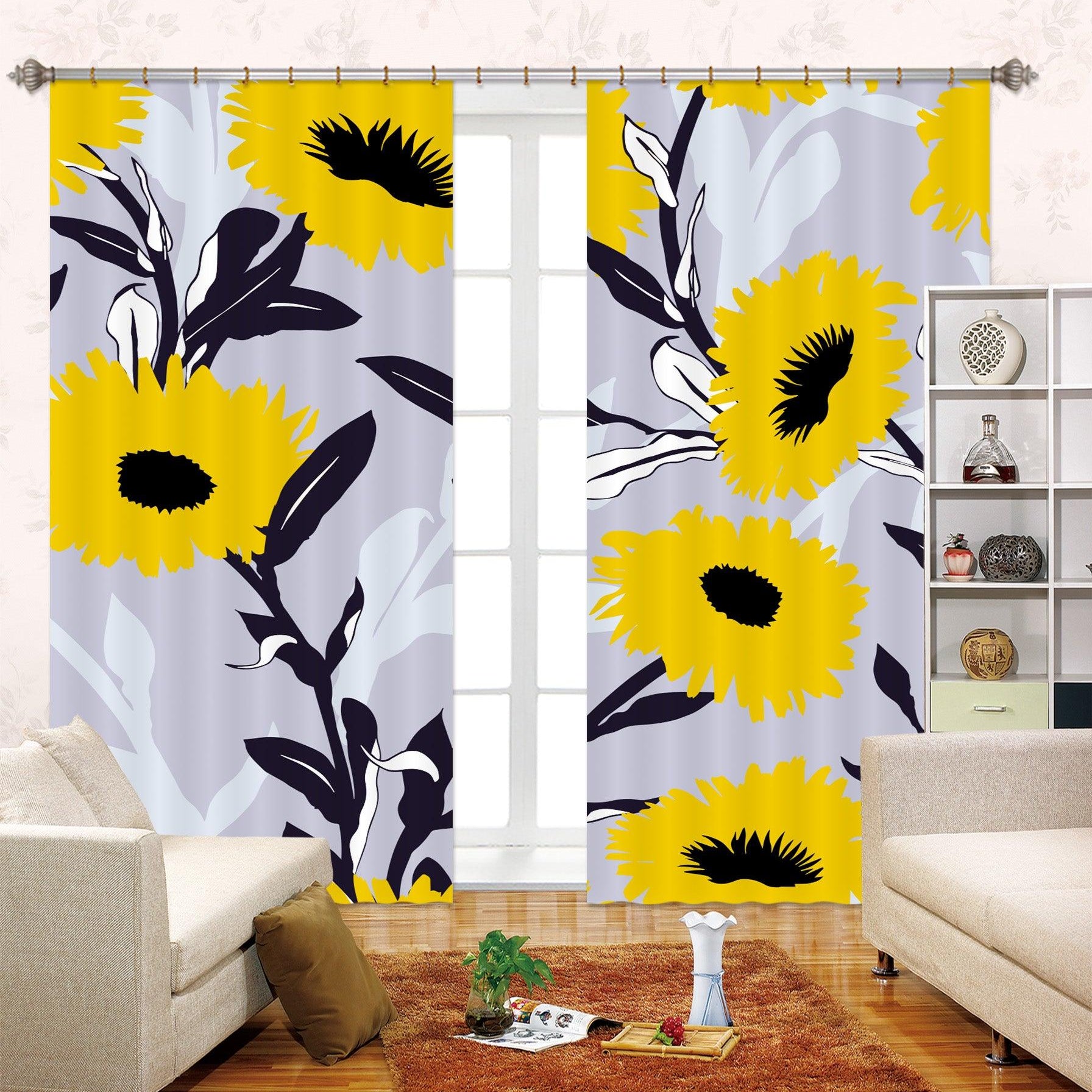 3D Yellow Floral Pattern Curtains and Drapes LQH A647- Jess Art Decoration