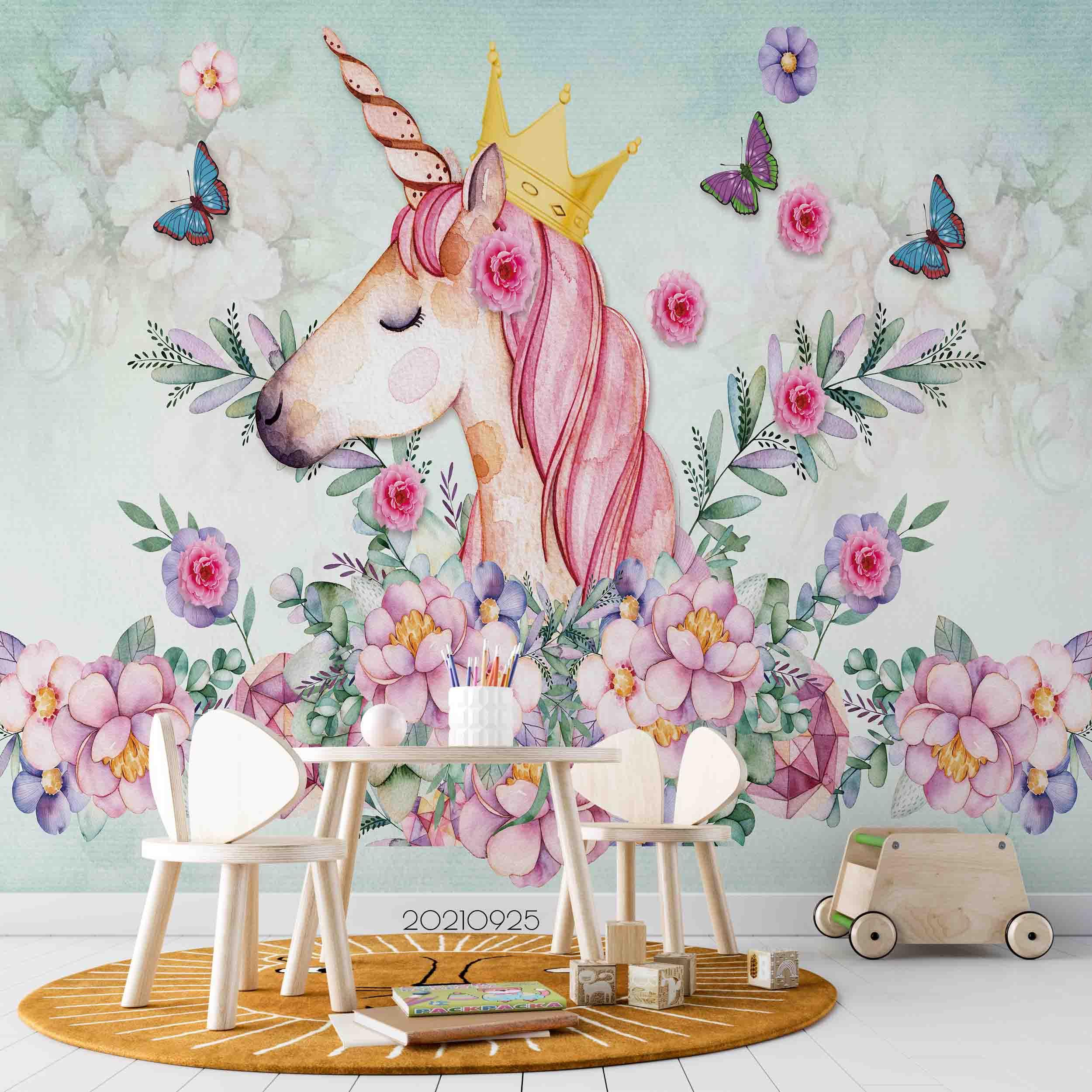 3D Cartoon Animal Unicorn Floral Wall Mural Wallpaper LQH 265- Jess Art Decoration