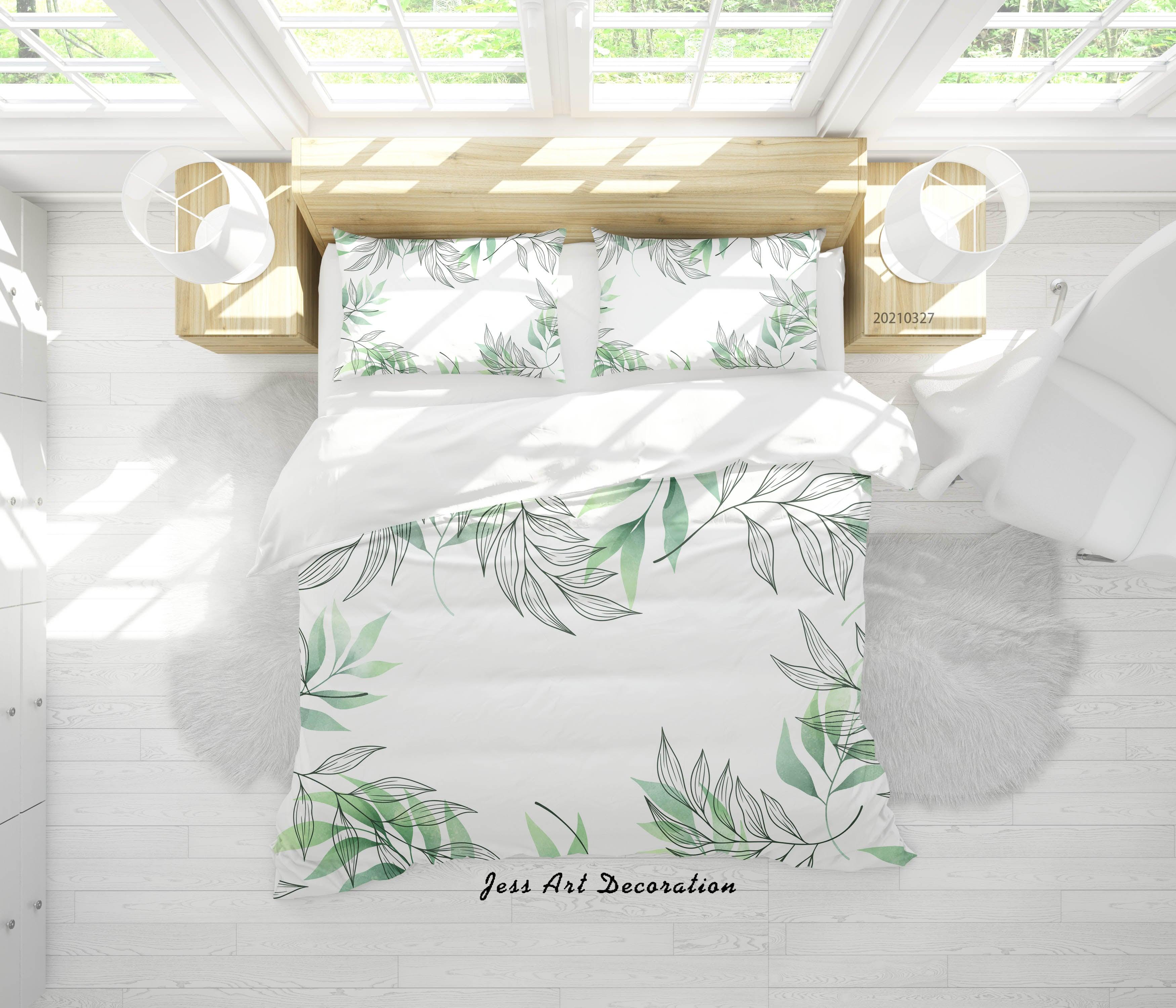 3D Hand Drawn Green Leaf Quilt Cover Set Bedding Set Duvet Cover Pillowcases 11- Jess Art Decoration