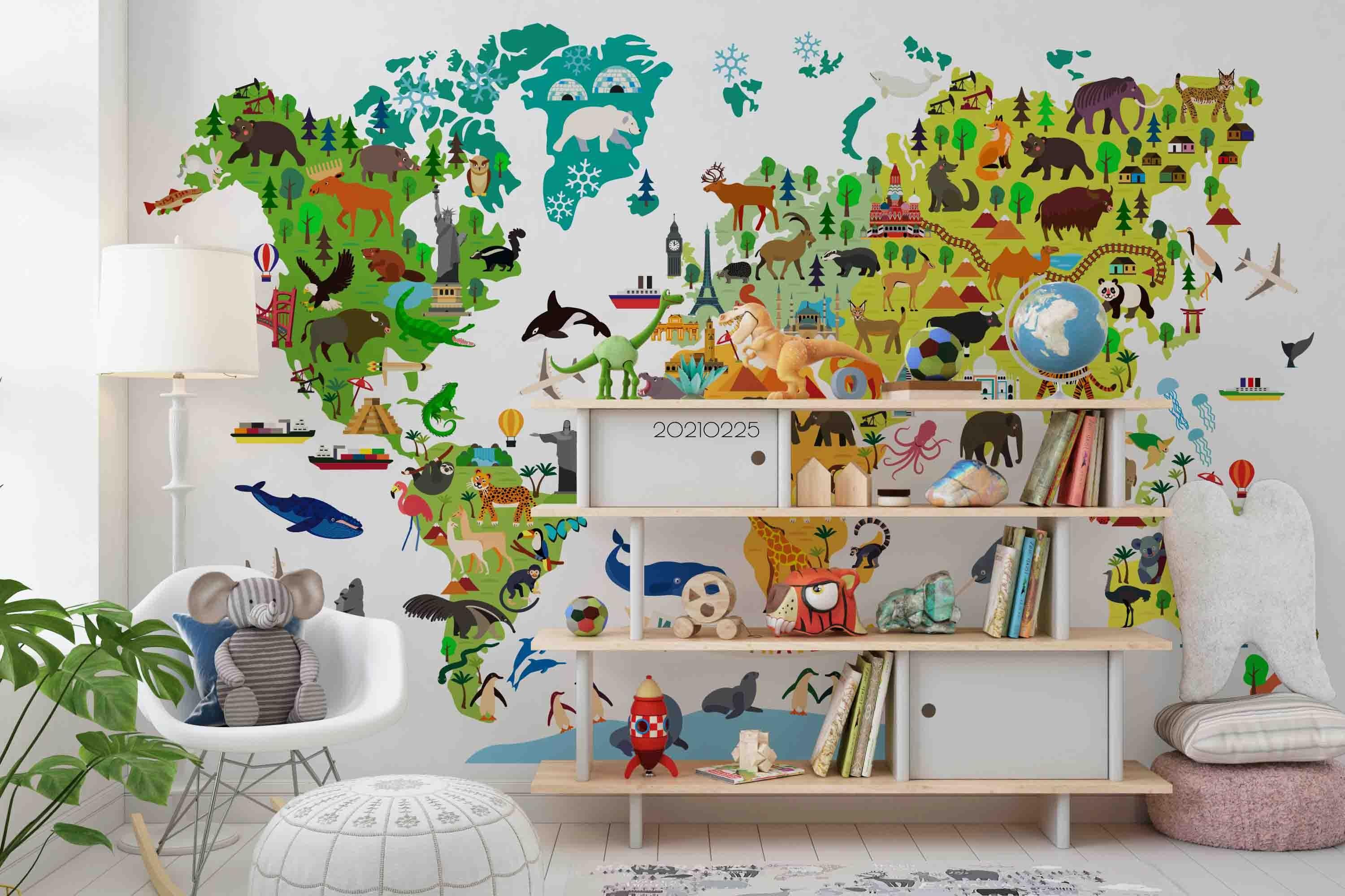 3D Cartoon World Map Animals Wall Mural Wallpaper LQH 168- Jess Art Decoration