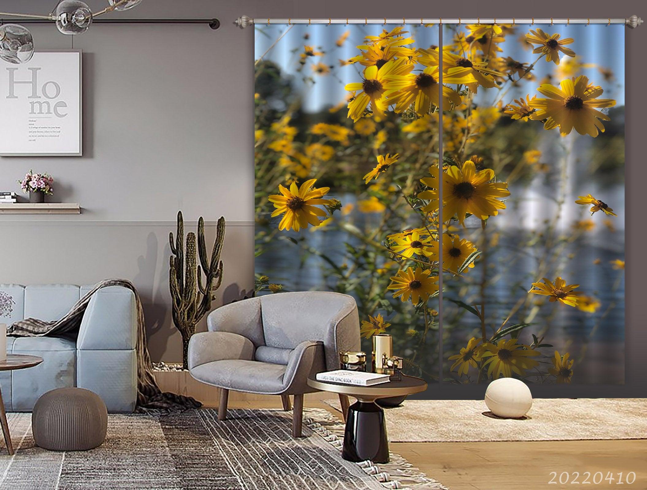 3D Yellow Flower Lake Nature Scenery Curtains and Drapes GD 3821- Jess Art Decoration