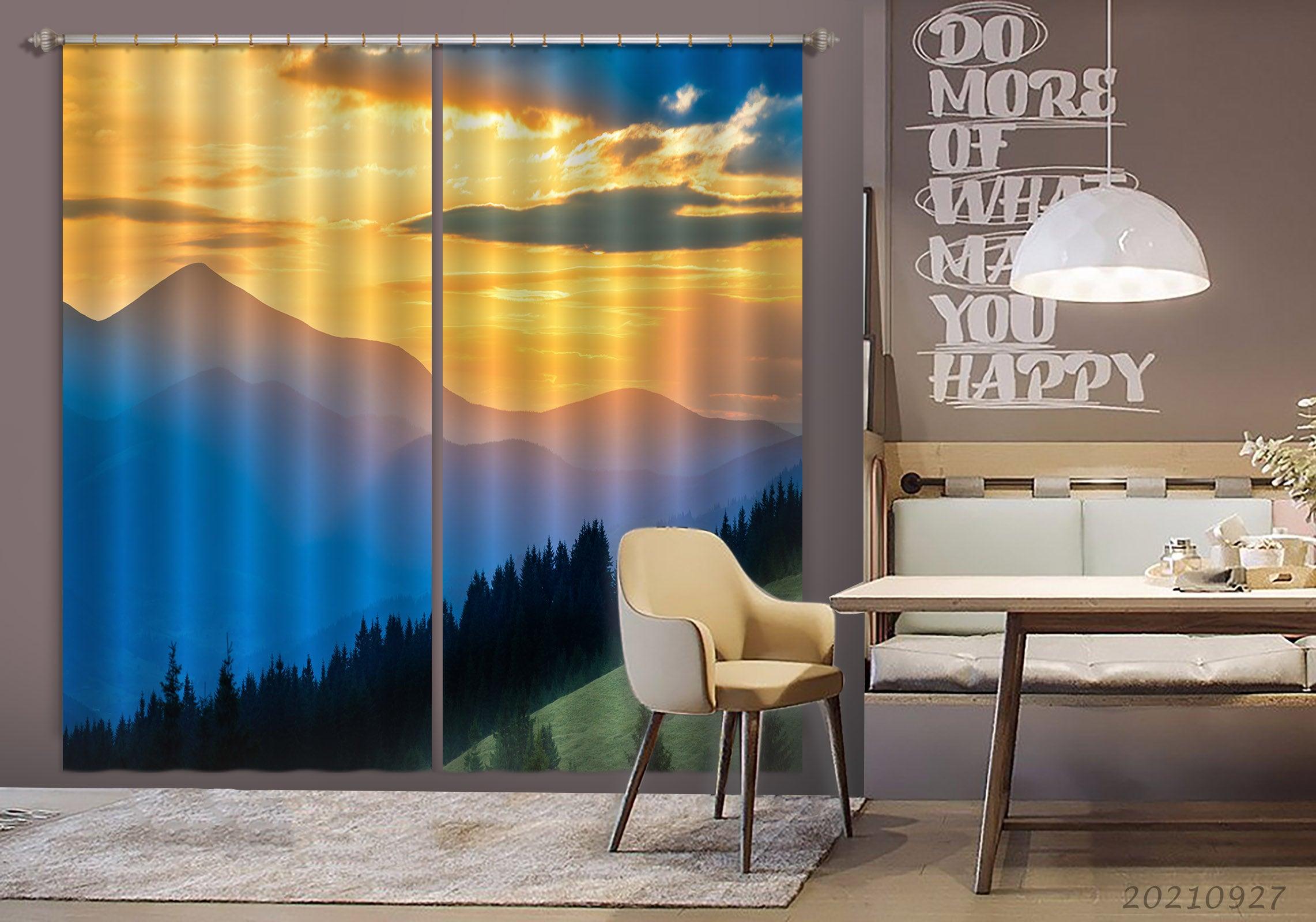 3D Sunset Sky Mountain Forest Landscape Curtains and Drapes LQH 229- Jess Art Decoration
