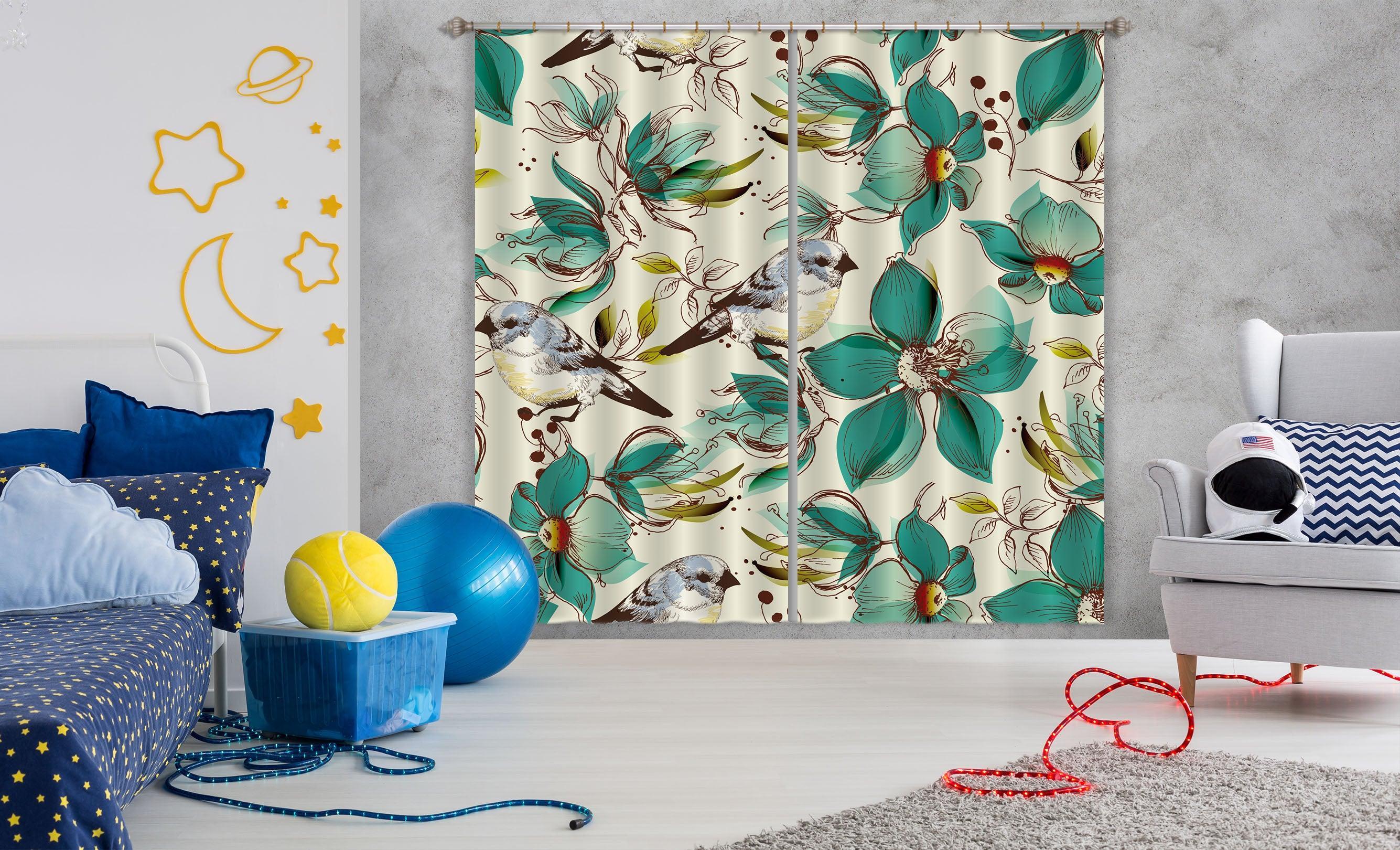 3D Hand Painted Green Flowers Birds Curtains and Drapes A75- Jess Art Decoration