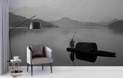 3D Black White River Fishing Boat Fisherman Mountain Tree Wall Mural Wallpaper GD 2420- Jess Art Decoration