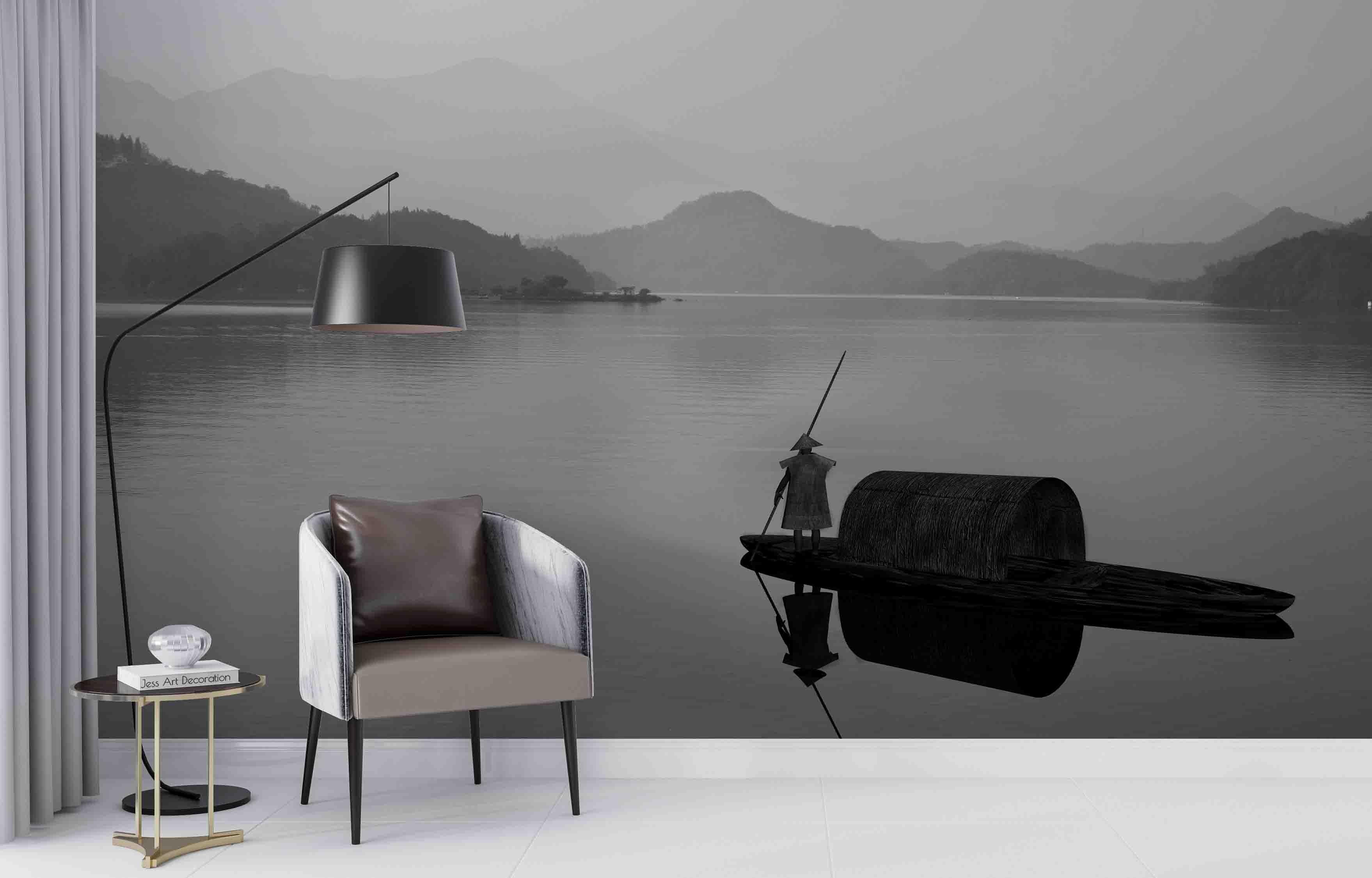 3D Black White River Fishing Boat Fisherman Mountain Tree Wall Mural Wallpaper GD 2420- Jess Art Decoration