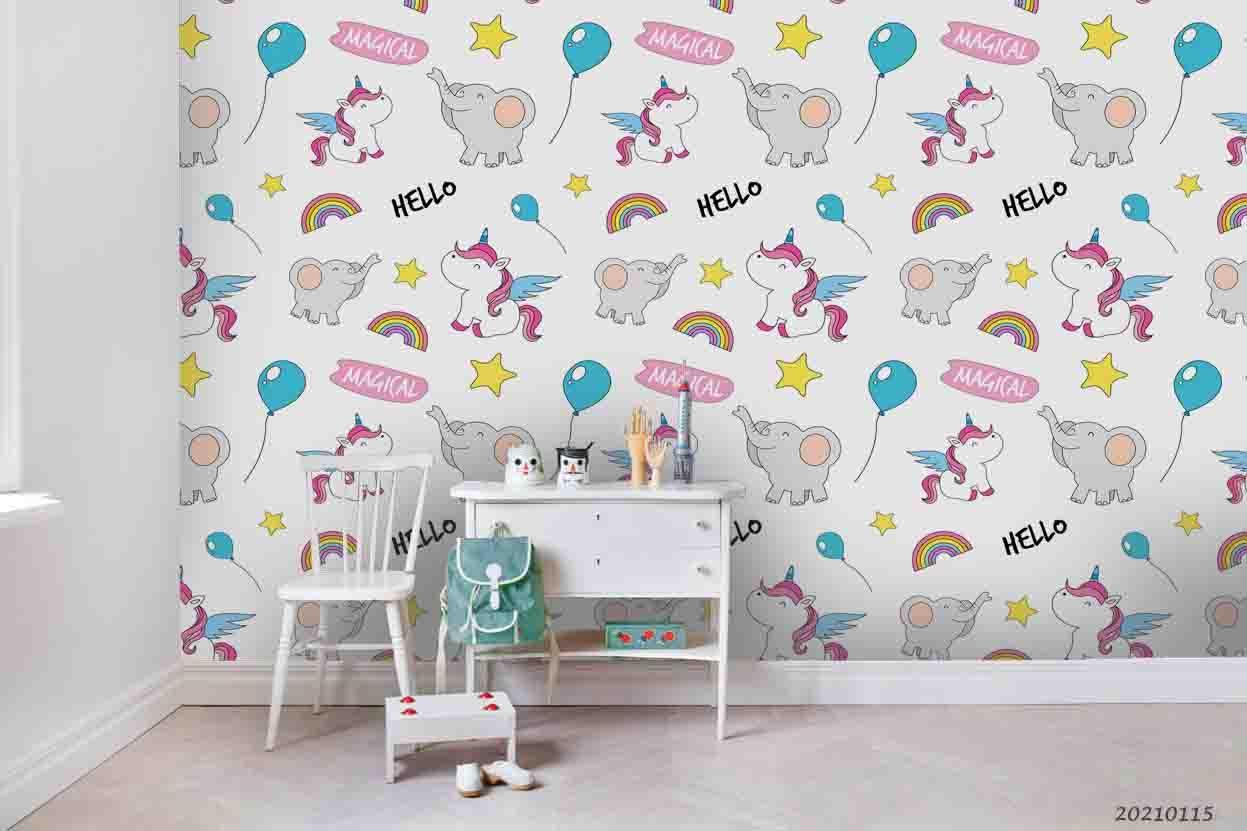 3D Cartoon Animal Unicorn Elephant Rainbow Wall Mural Wallpaper LQH 52- Jess Art Decoration