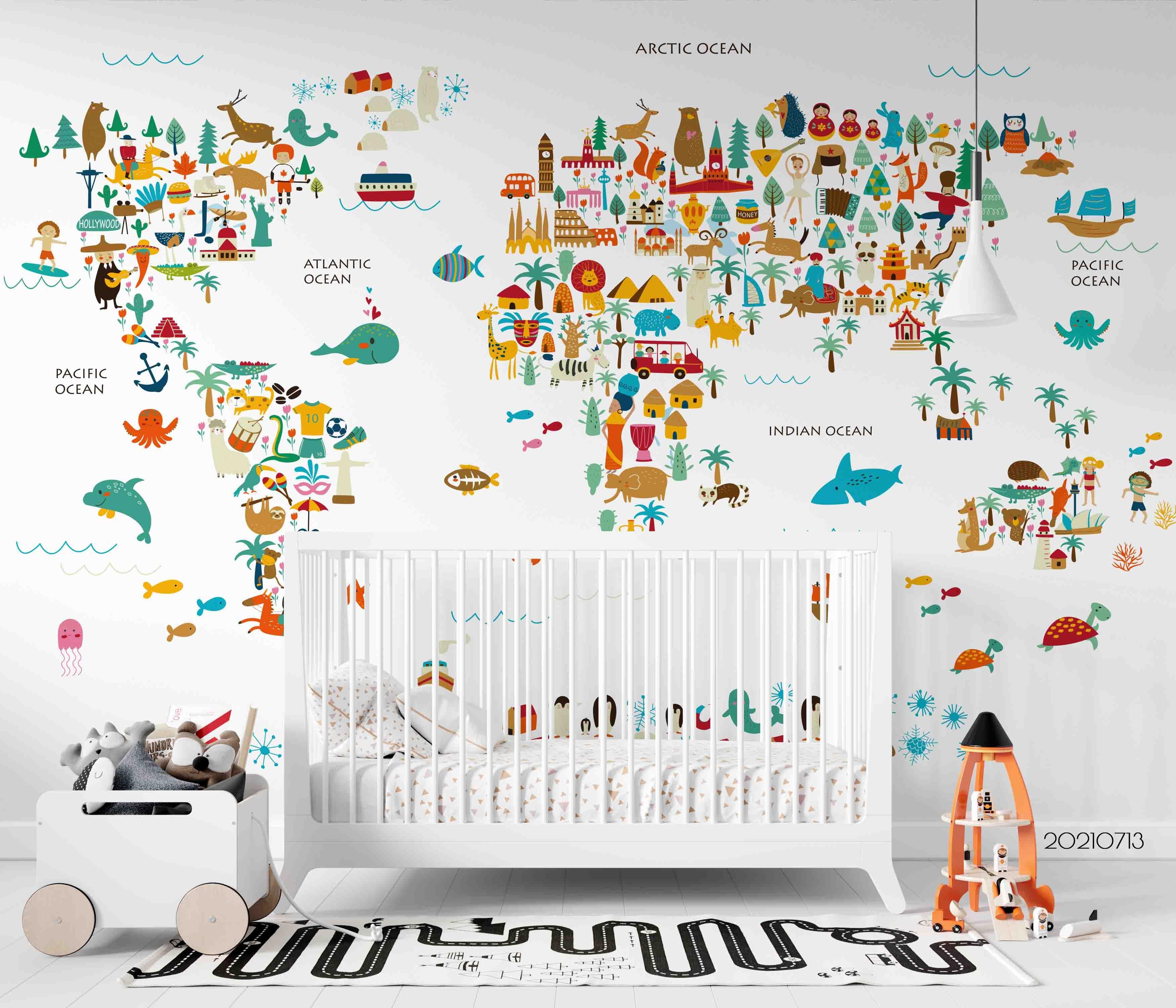 3D Cartoon World Map Animals Wall Mural Wallpaper LQH 200- Jess Art Decoration