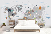 3D grey animals world map wall mural wallpaper 05- Jess Art Decoration