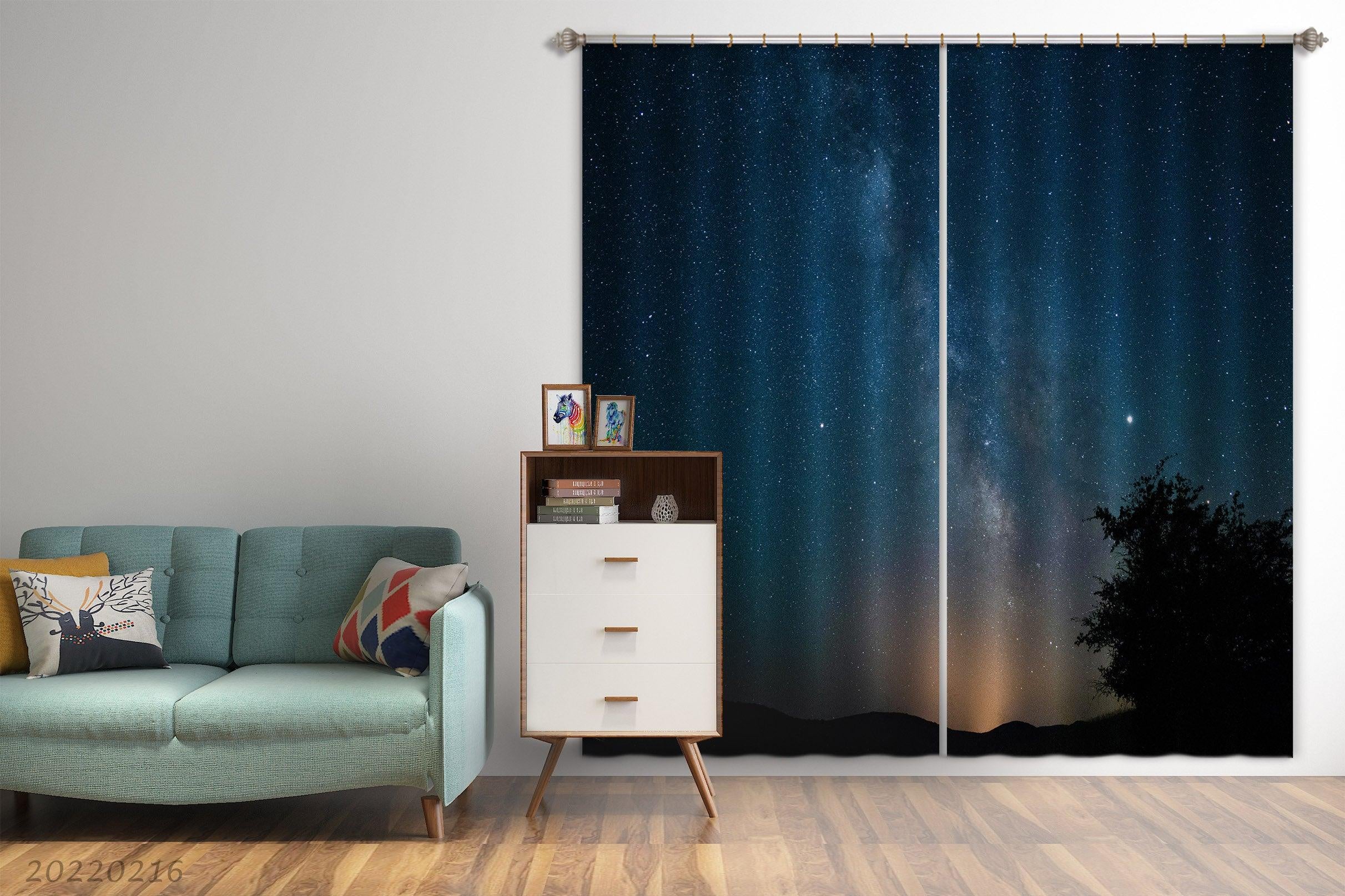 3D Blue Stars Night Black Tree Curtains and Drapes GD 2317- Jess Art Decoration