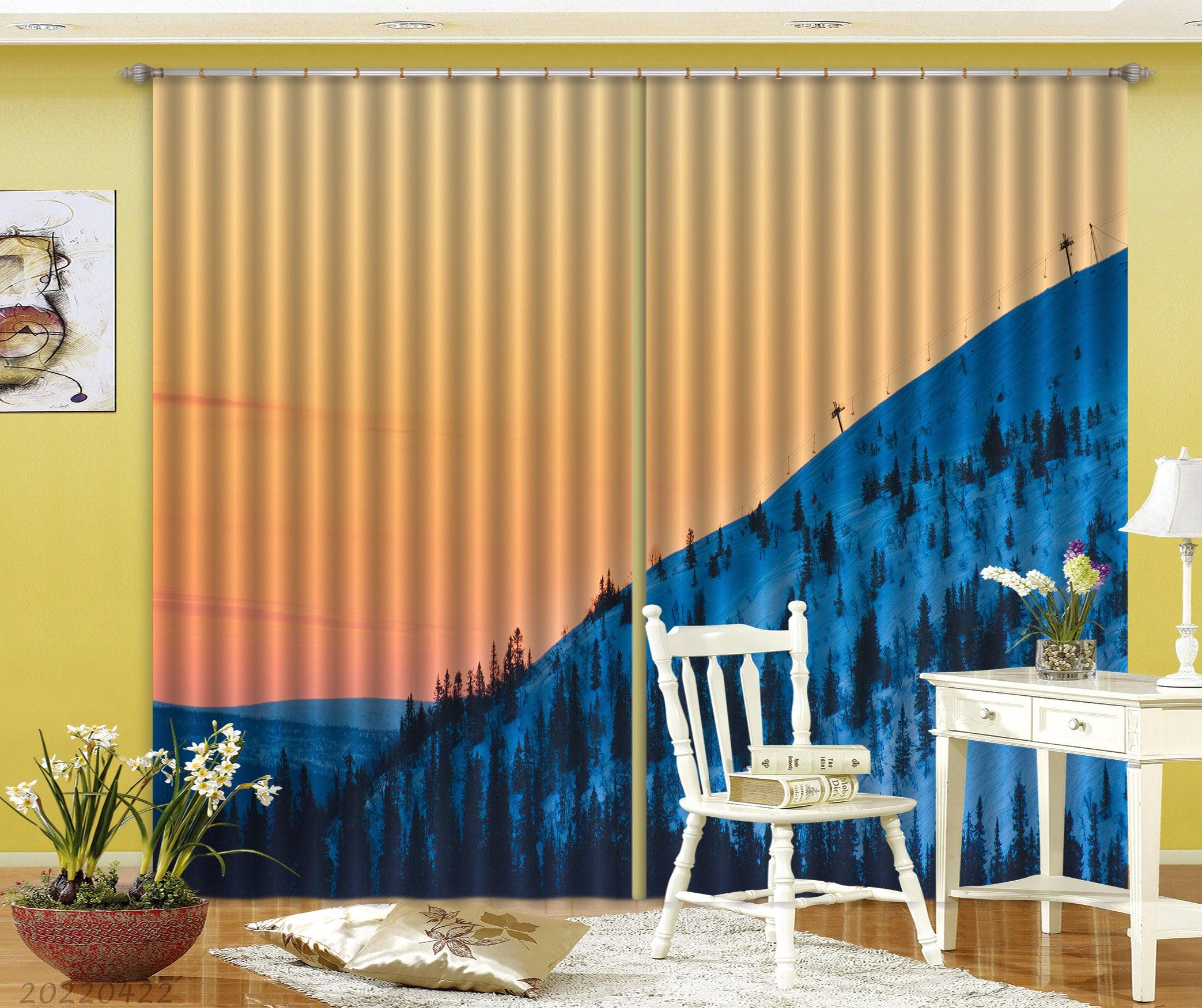3D Landscape Mountain Tree Snow Orange Sky Curtains and Drapes GD 4295- Jess Art Decoration