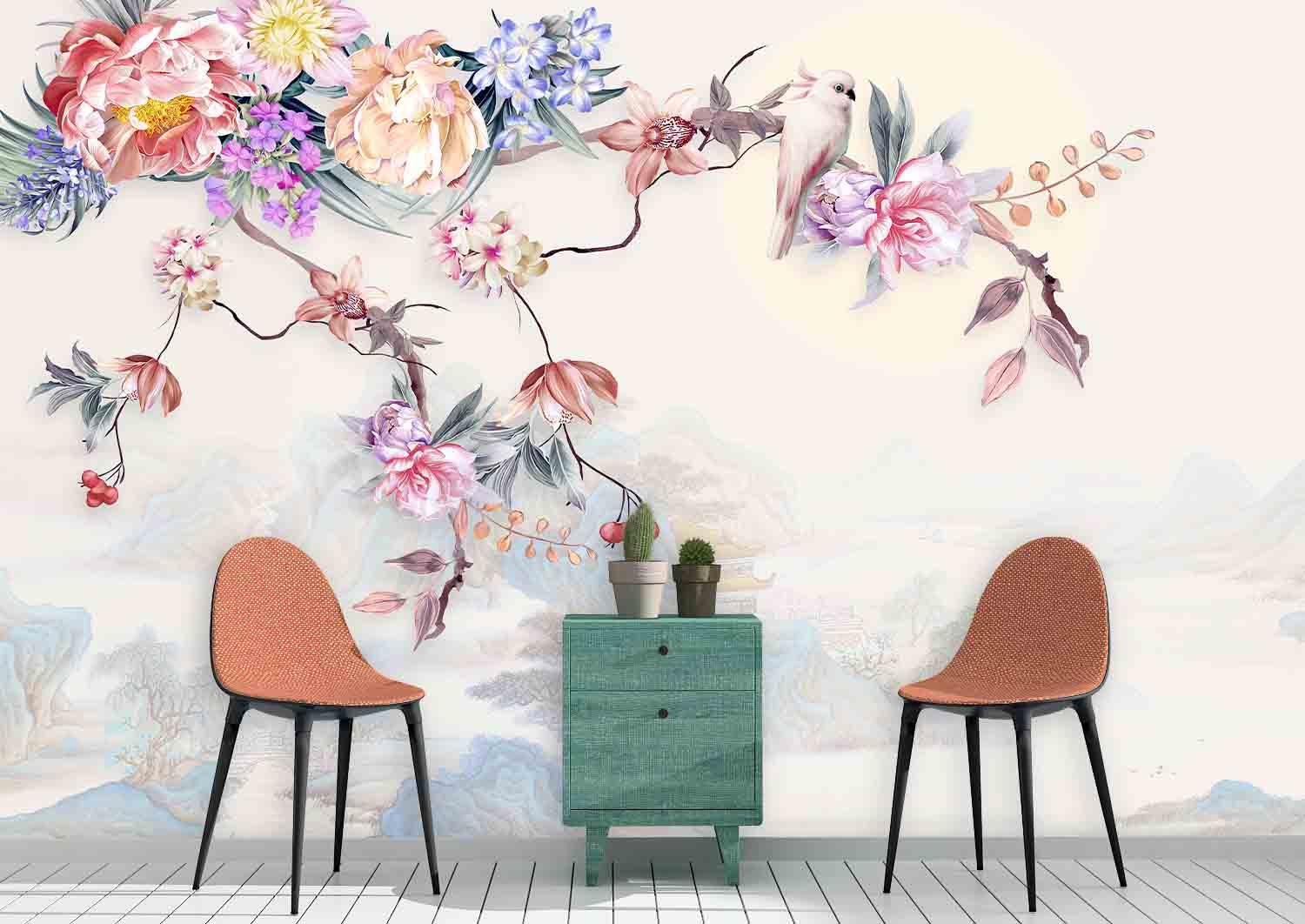 3D Floral Mountain Bird Wall Mural Wallpaper 25- Jess Art Decoration