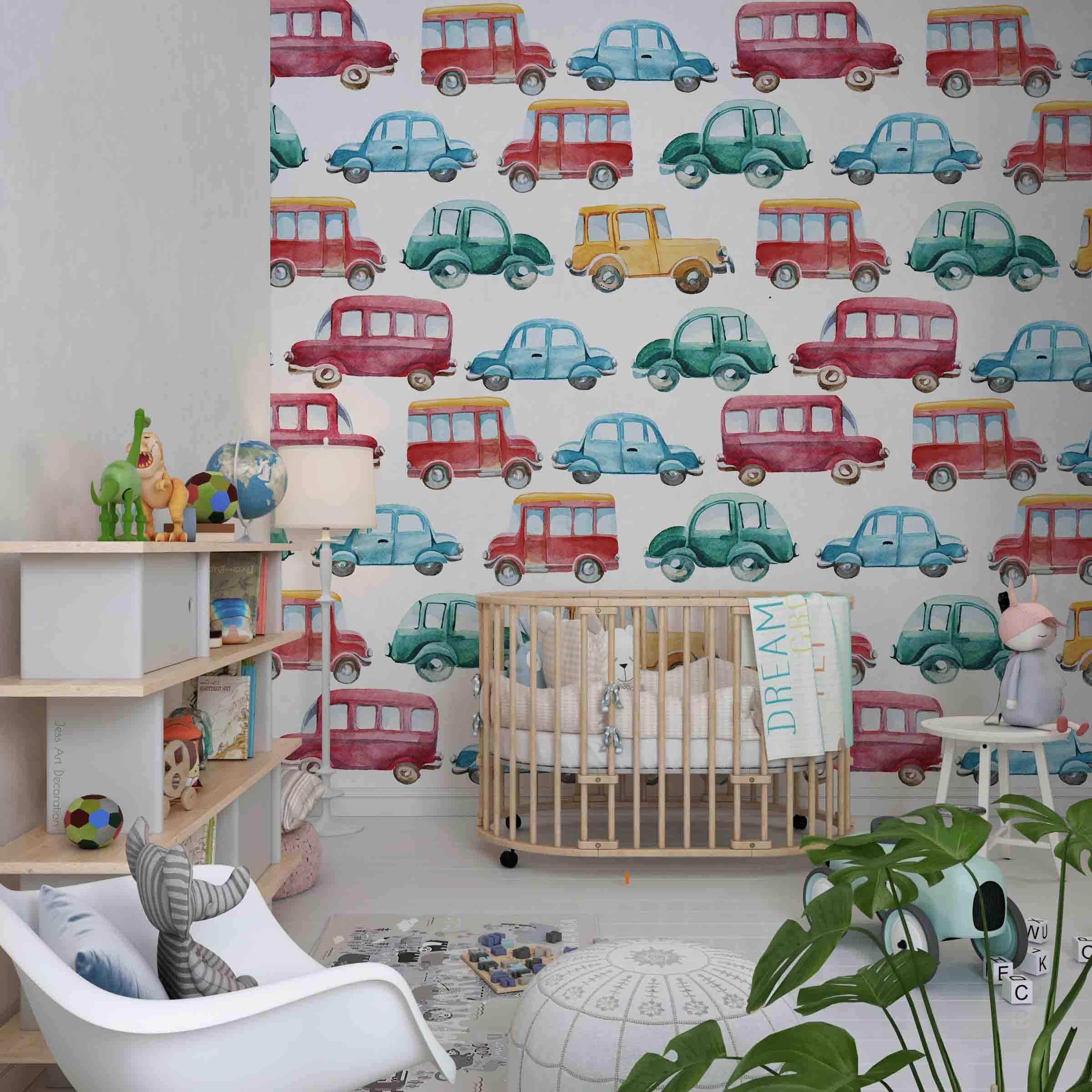 Watercolor Cartoon Car Pattern Contemporary Wallpaper contemporary street art wall mural for creative room or feature wall - 