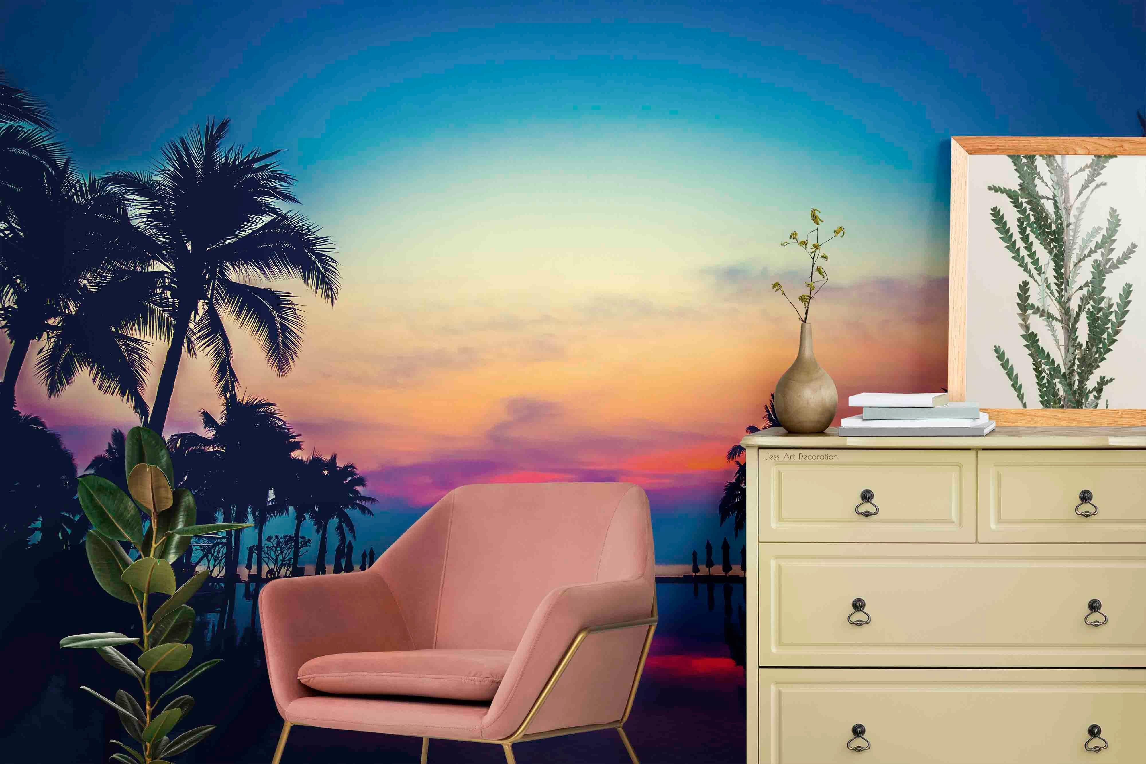 3D Coconut Tree Water Surface Red Sky Landscape Wall Mural Wallpaper GD 2954- Jess Art Decoration