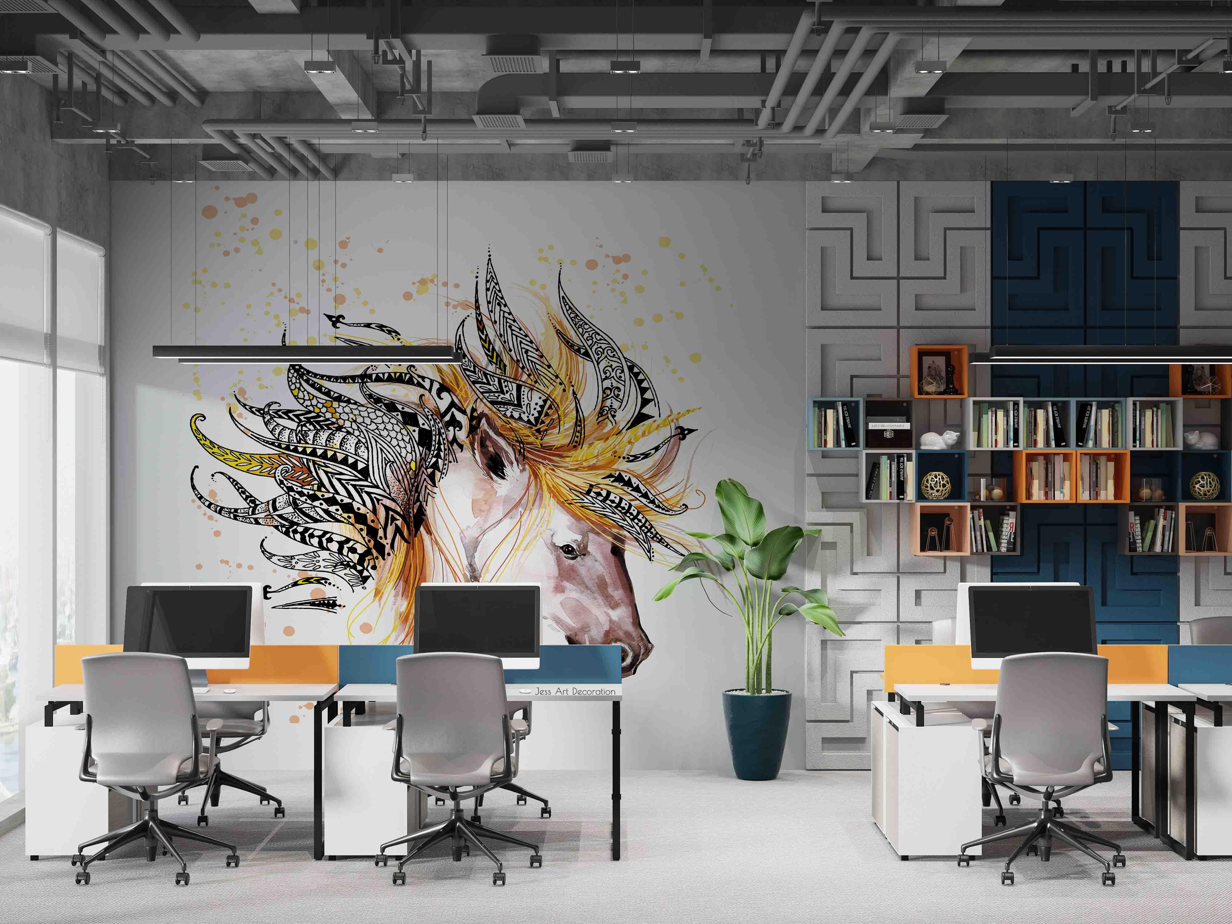 Abstract Horse Feather Headdress Watercolor Contemporary Wallpaper contemporary street art wall mural for creative room or fe