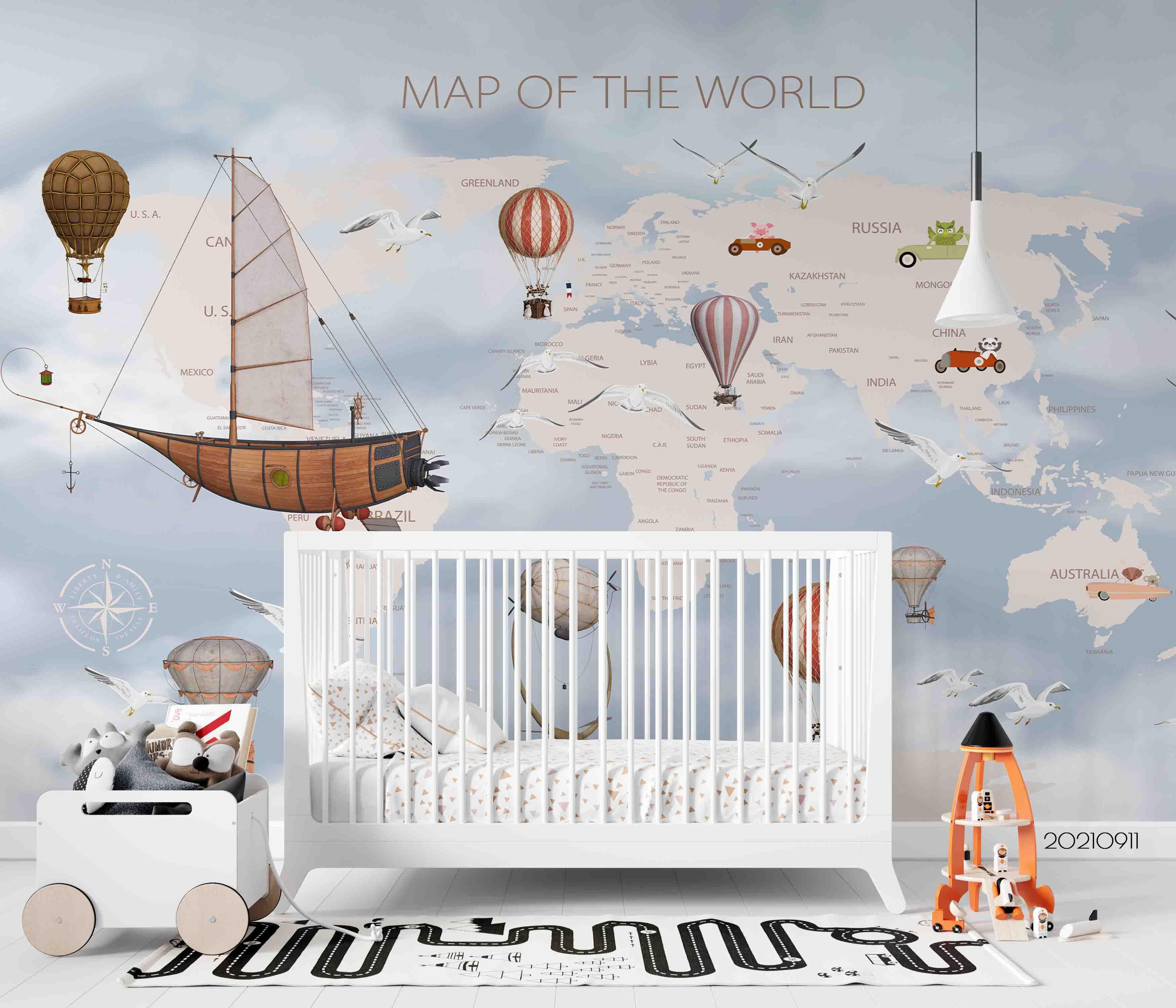 3D World Map Hot Air Balloon Kids Wall Mural Wallpaper LQH 831- Jess Art Decoration