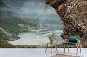 3D Cliff River Mountain Foggy Houseboat Wall  Mural Wallpaper SWW331- Jess Art Decoration