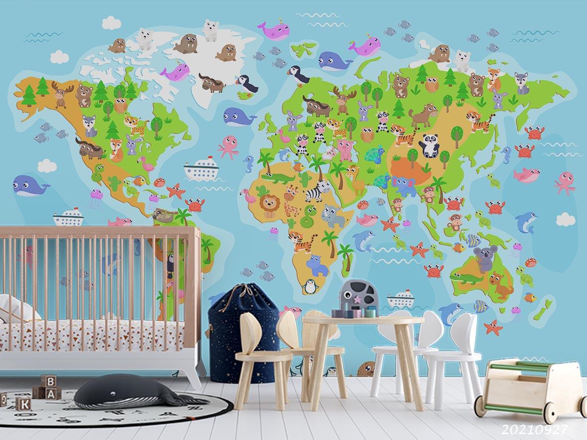 3D Blue World Map Kids Wall Mural Wallpaper LQH 150- Jess Art Decoration