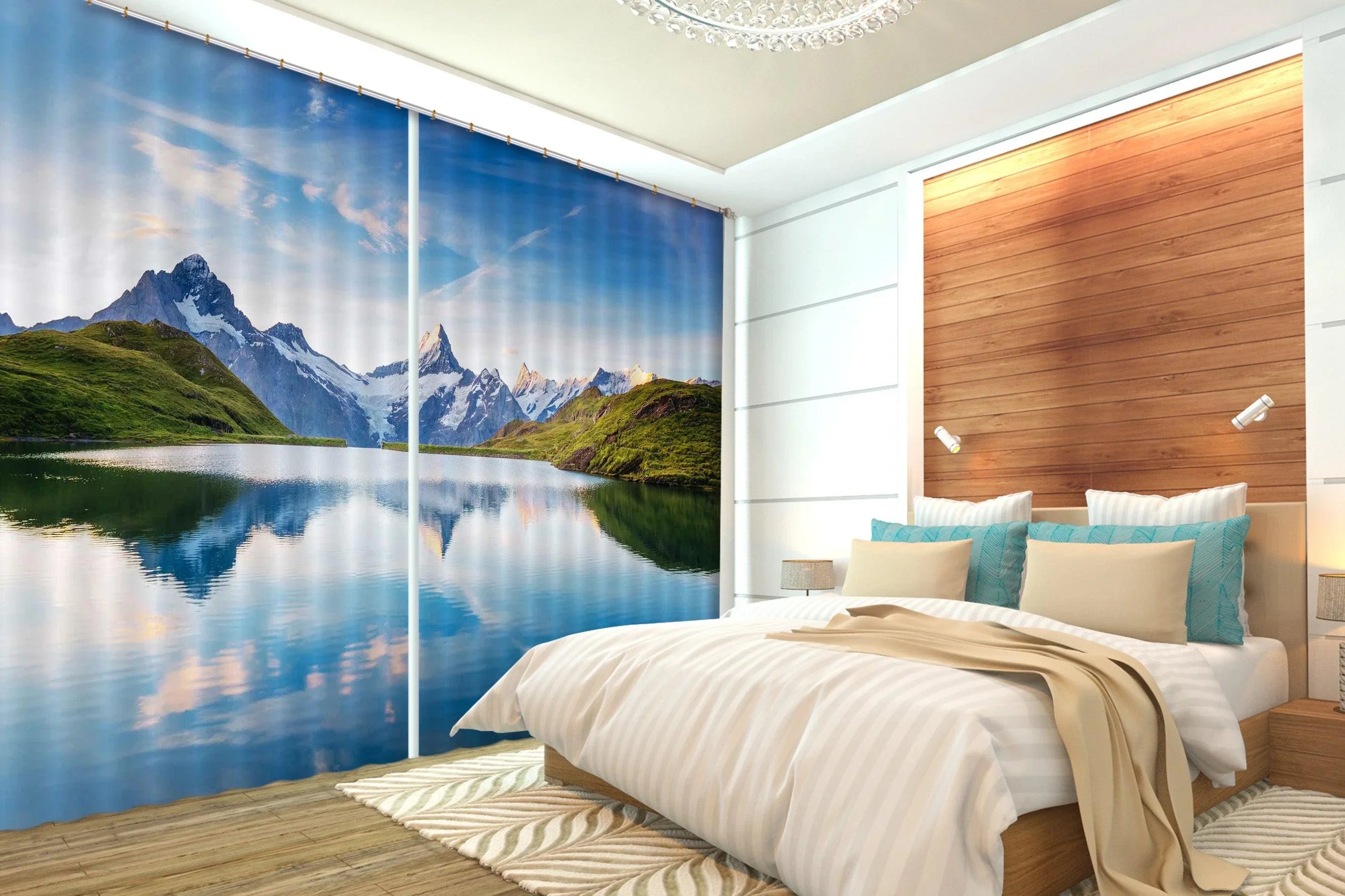 3D Mountain Lake Scenery Curtains and Drapes LQH A387- Jess Art Decoration