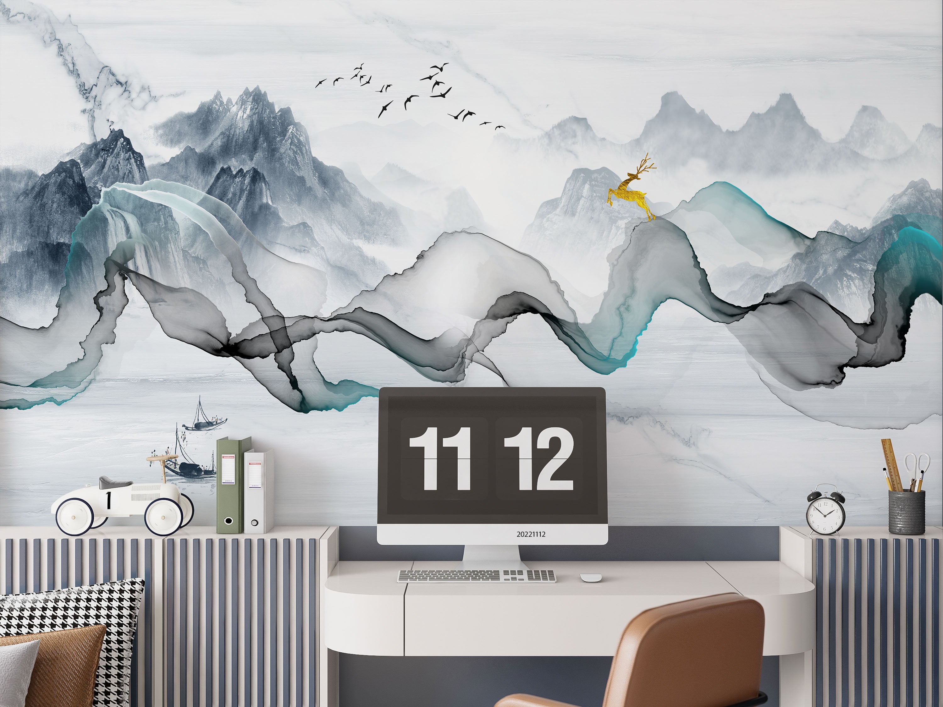 3D Abstract Art Mountain Bird Deer Ink Landscape Wall Mural Wallpaper GD 2458- Jess Art Decoration