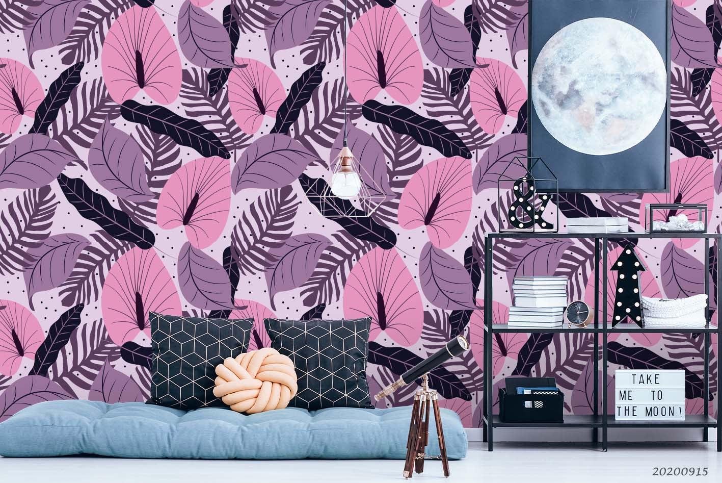 Hand Drawn Pink Purple Leaves Plant Pattern Wall Mural Wallpaper LXL- Jess Art Decoration