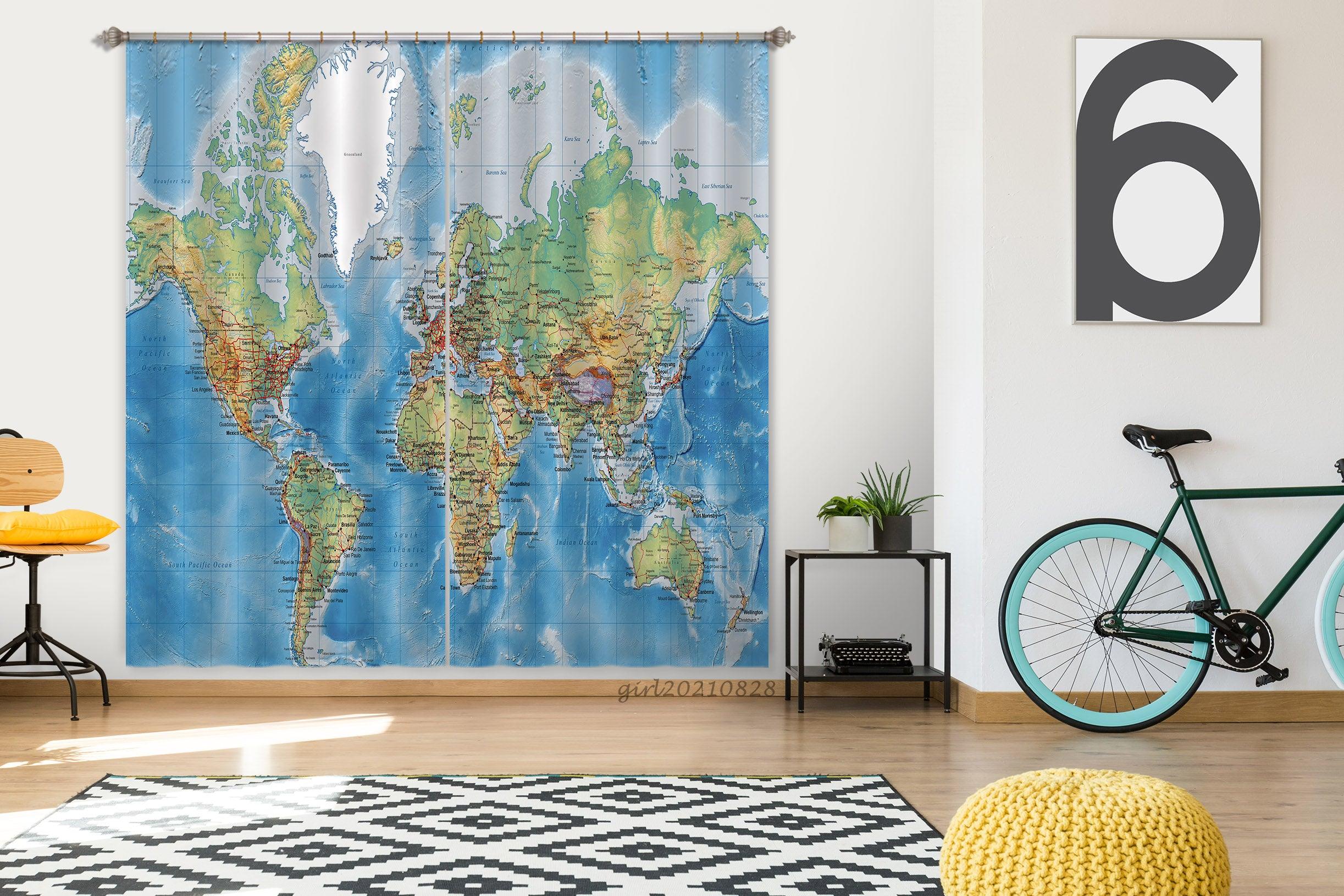 3D Blue World Map Curtains and Drapes LQH 89- Jess Art Decoration