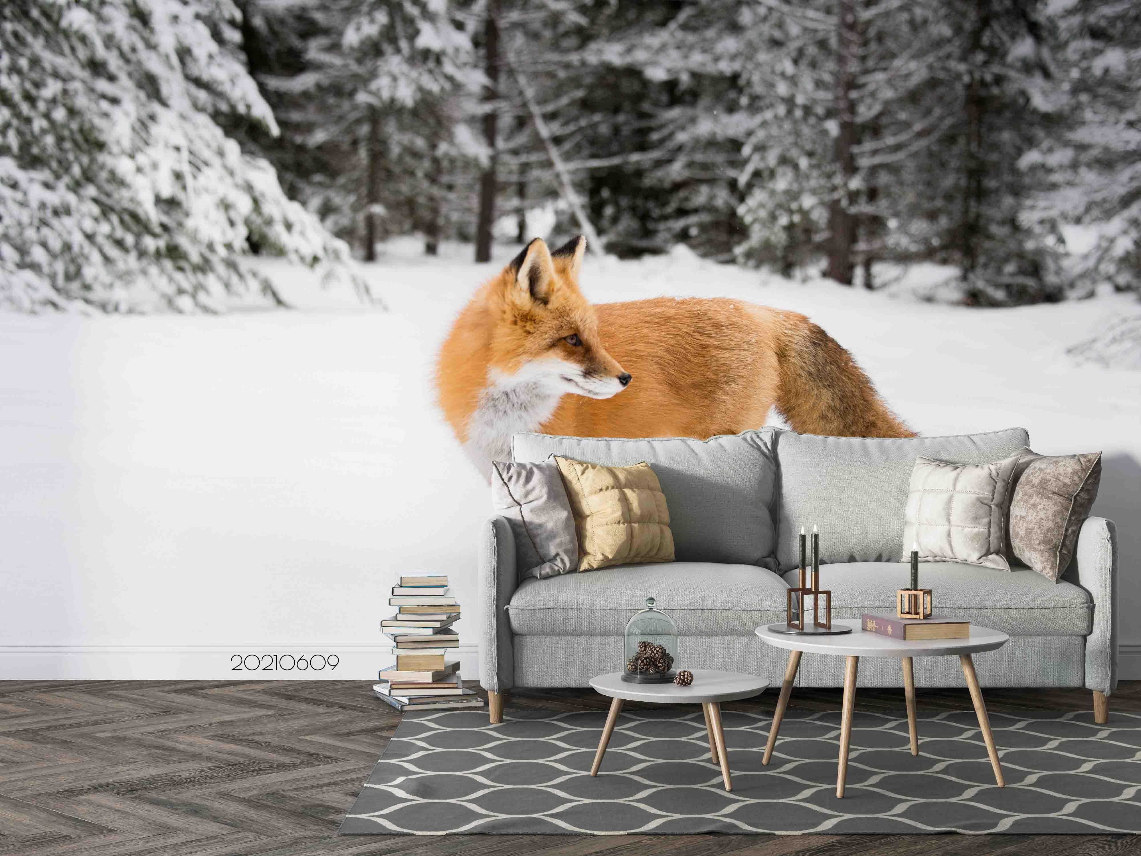 3D Winter Snow Pine  Jungle Fox Wall Mural Wallpaper SWW1643- Jess Art Decoration