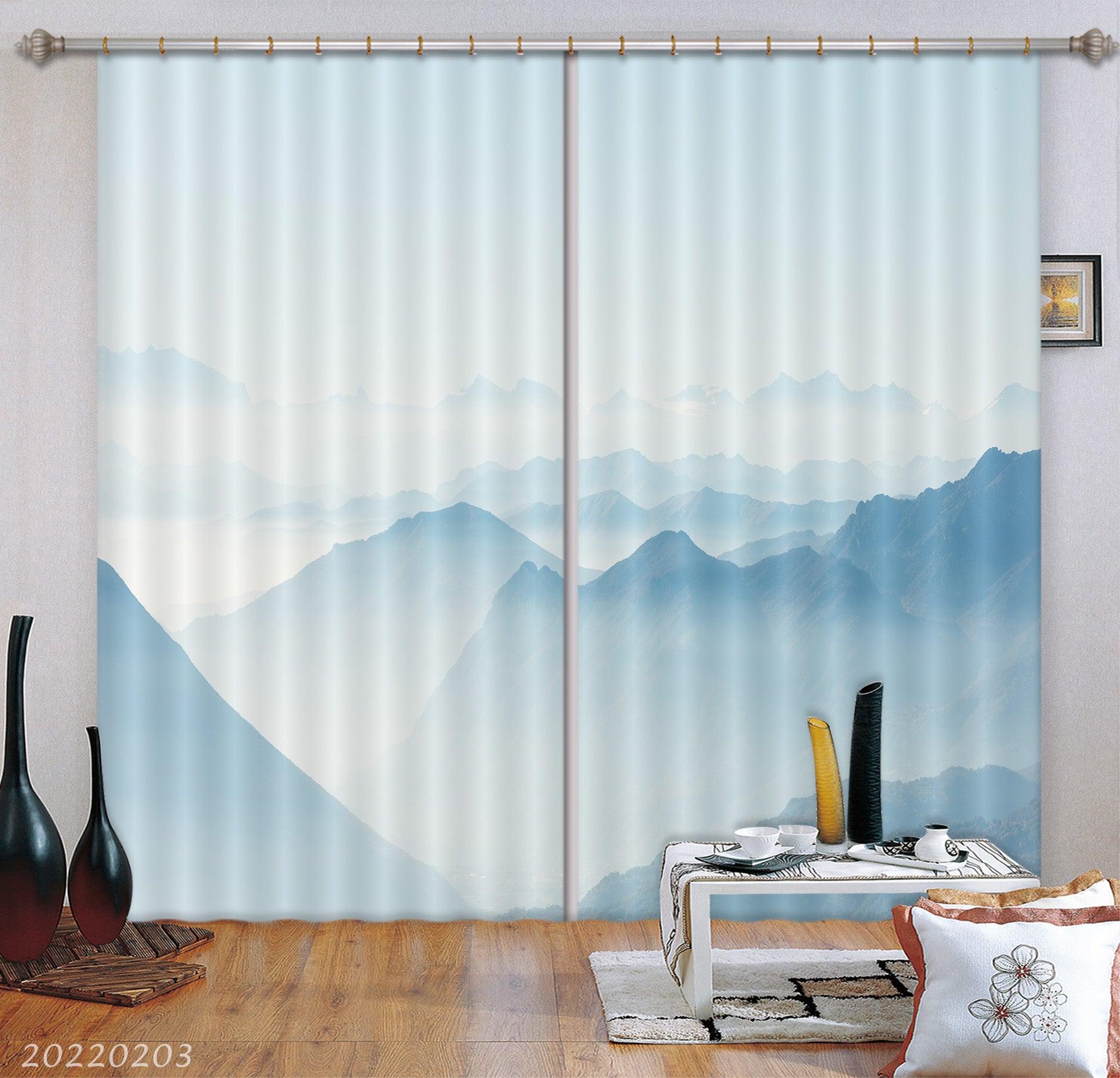 3D Abstract Blue Mountains Misty Curtains and Drapes GD 1258- Jess Art Decoration
